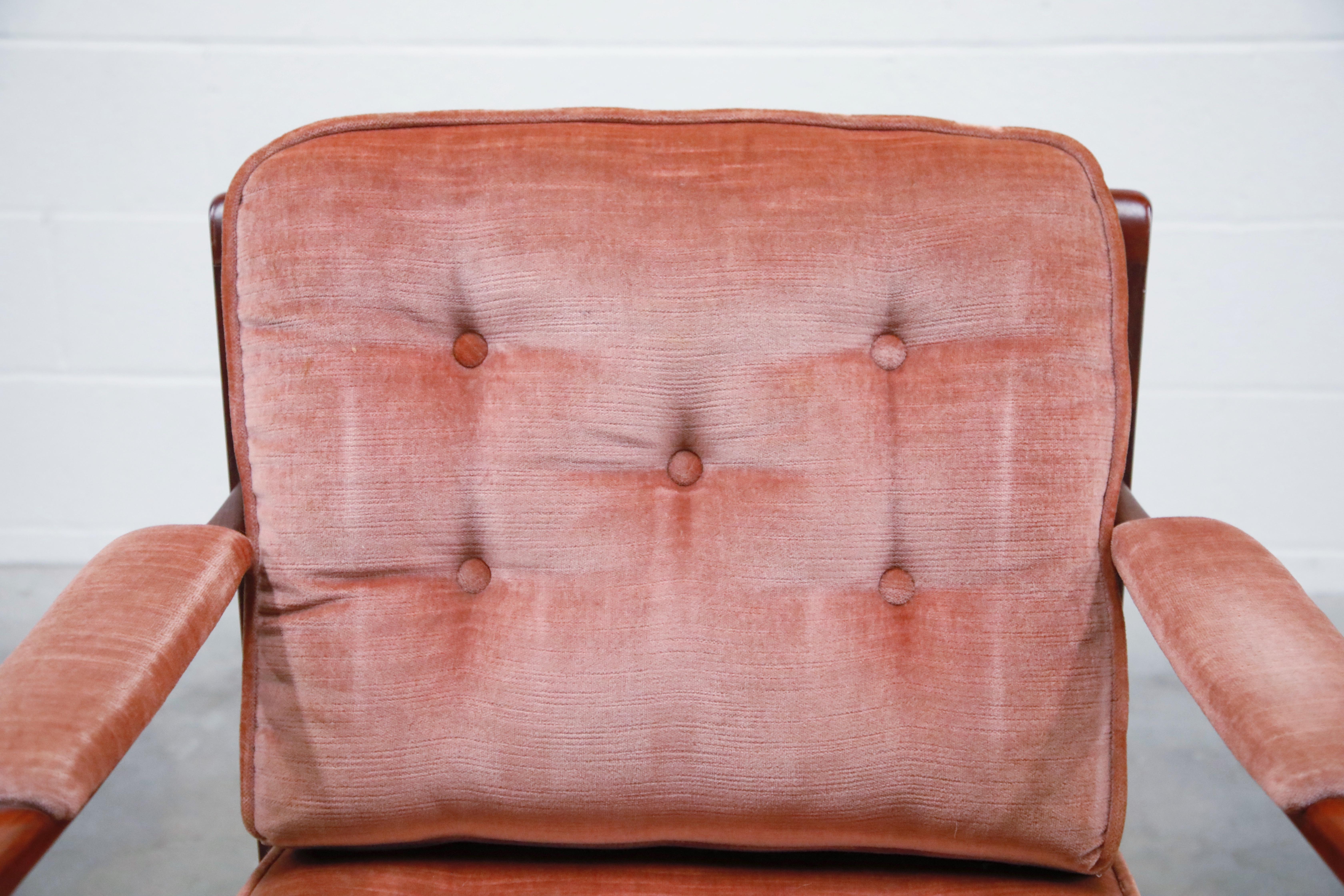 Late 20th Century Pair of Pink Velvet and Rosewood Armchairs by Aksel Sorensen, 1970s, Signed