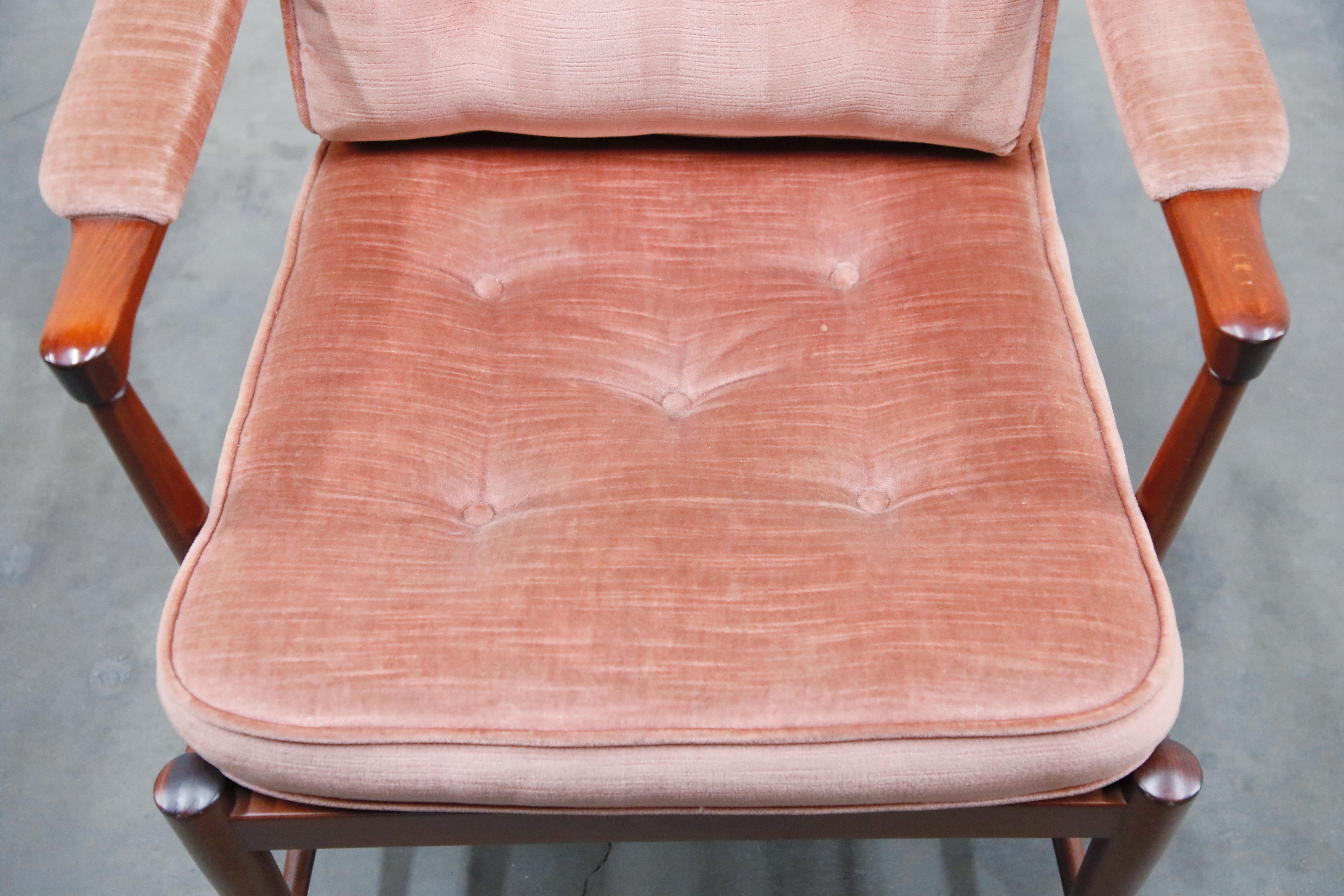 Pair of Pink Velvet and Rosewood Armchairs by Aksel Sorensen, 1970s, Signed 1