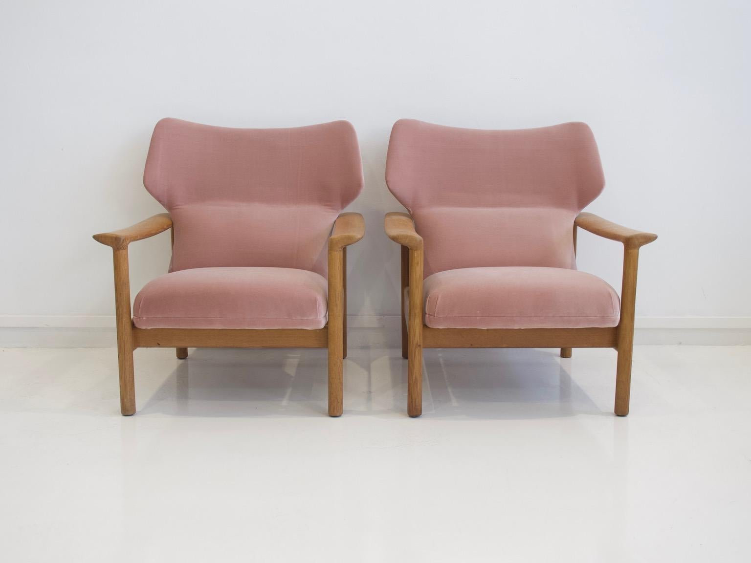 Pair of lounge chairs from circa 1960-1970, made in Denmark. Solid oak armrests and legs, newly upholstered with dusty pink velvet.