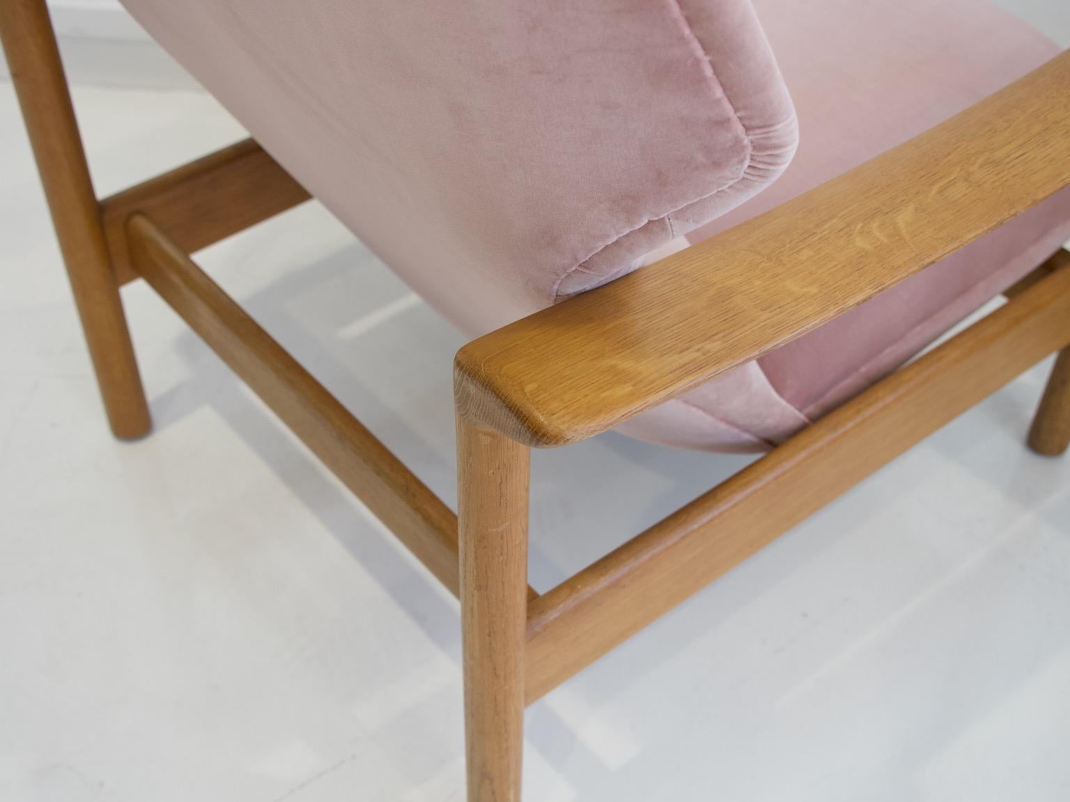 Danish Pair of Pink Velvet Armchairs with Oak Frame