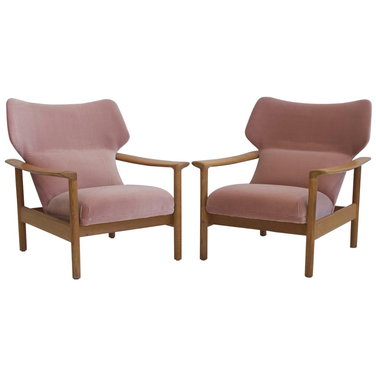 Pair of Pink Velvet Armchairs with Oak Frame