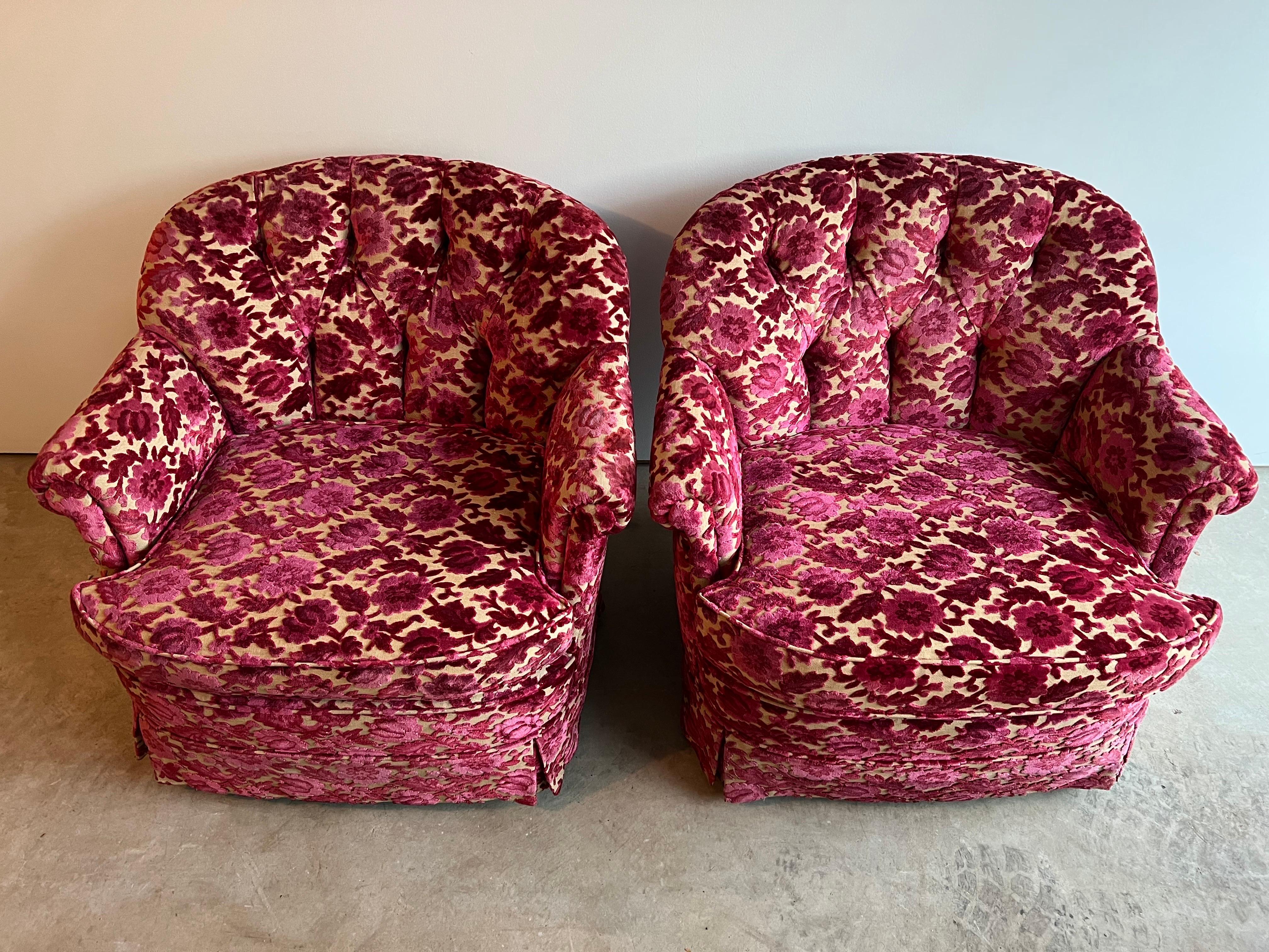 Pair of Pink velvet brocade club chairs. A fabulous pair of mid century club chairs in fuchsia and magenta tone brocade cut velvet upholstery. Nice vintage pair ion very good condition. Hardly any wear to the velvet or upholstery. Must have been