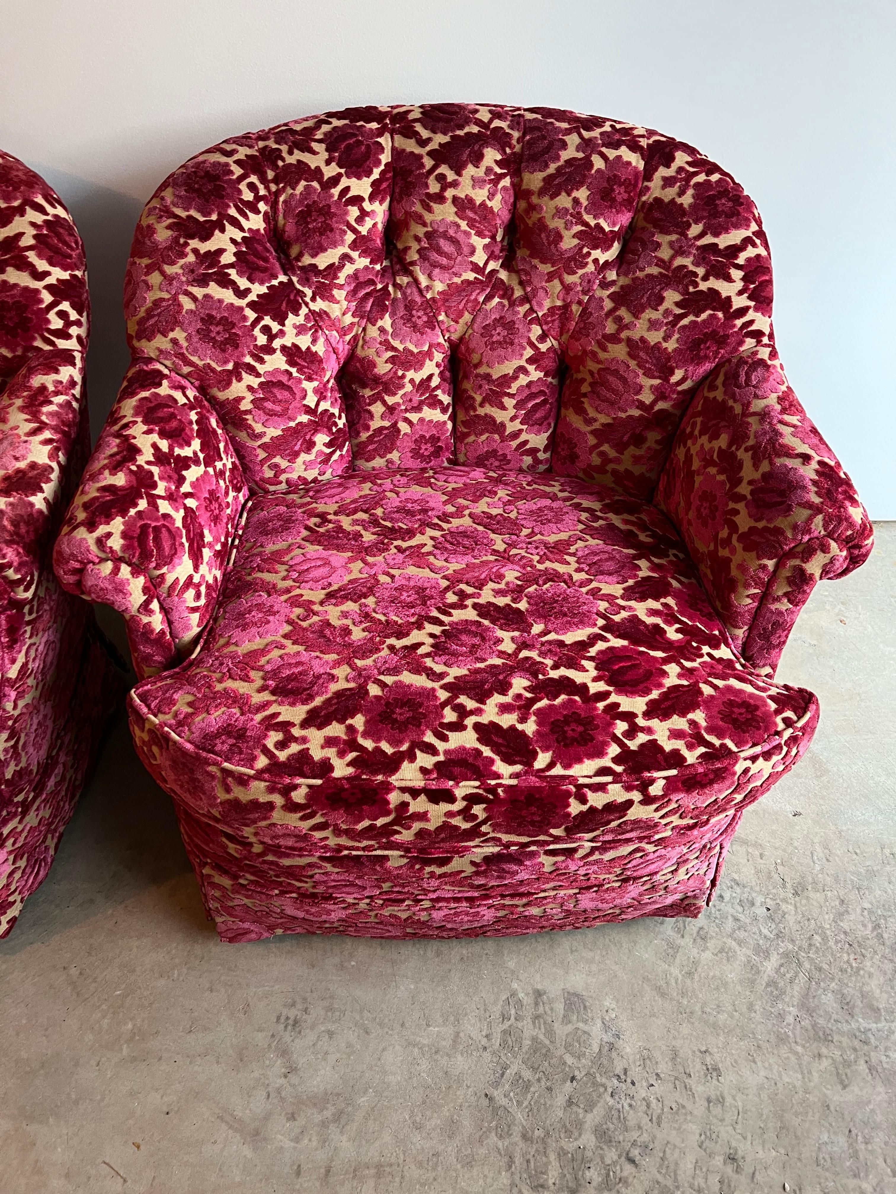 Mid-Century Modern Pair of Pink Velvet Brocade Club Chairs