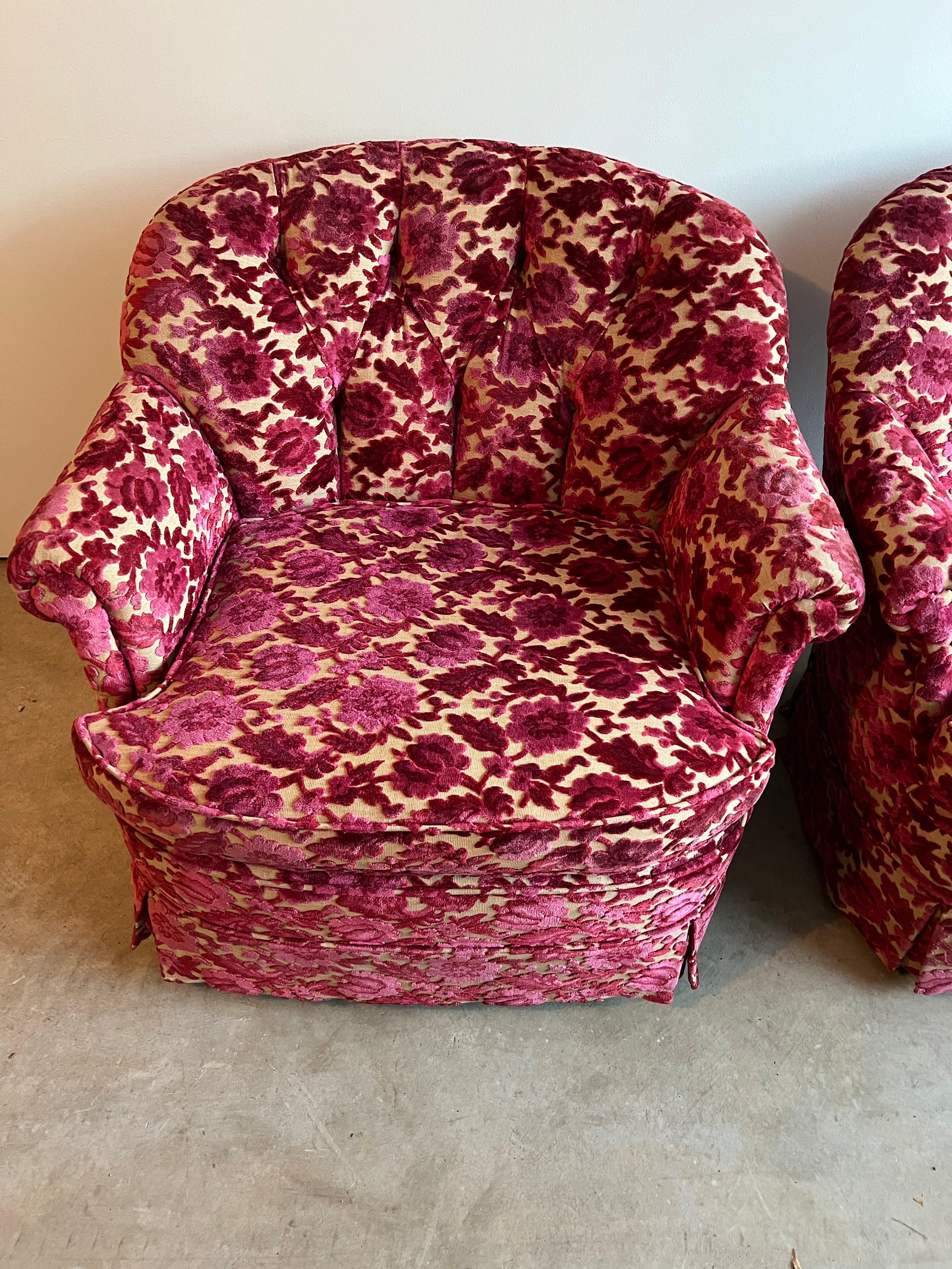Mid-20th Century Pair of Pink Velvet Brocade Club Chairs