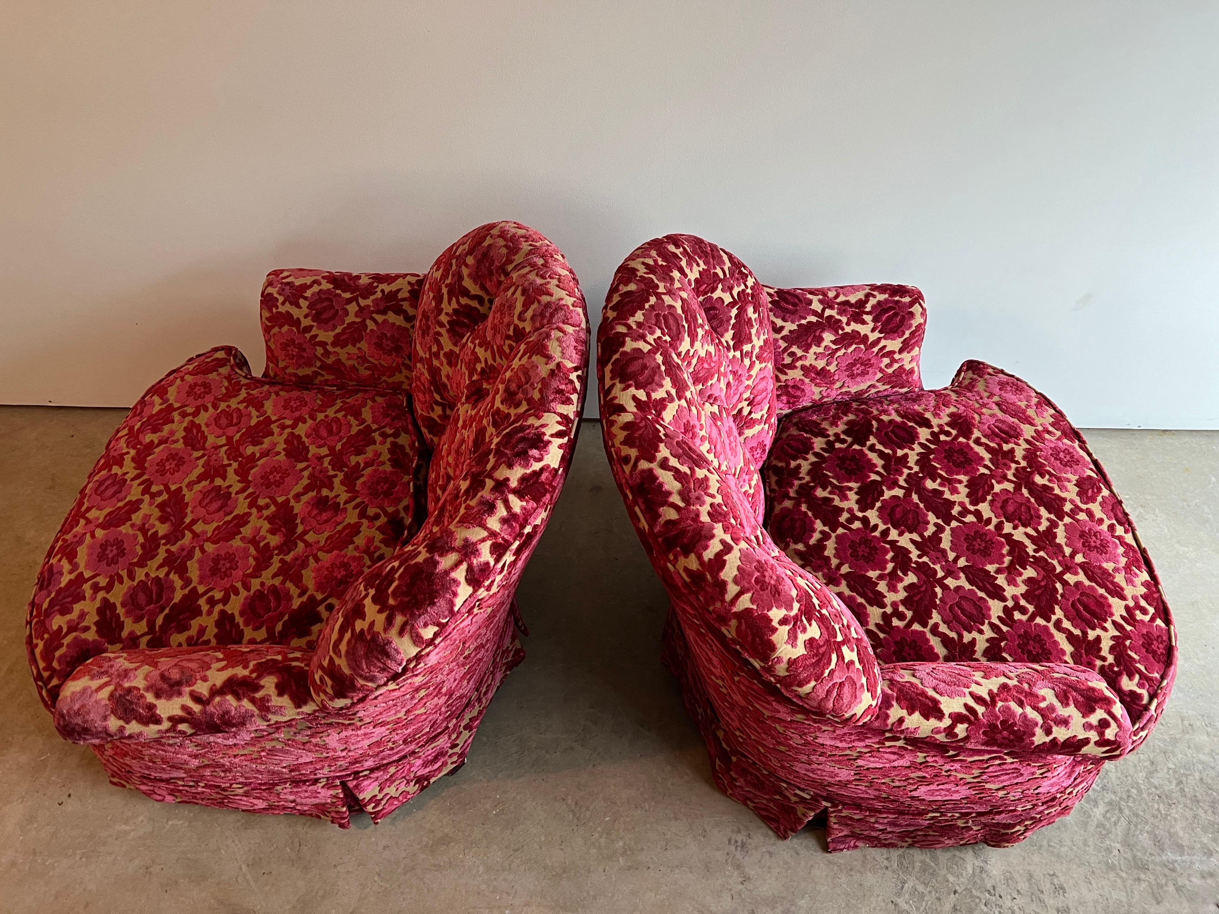 Pair of Pink Velvet Brocade Club Chairs 1