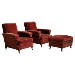 Pair of Pink Velvet Club Chairs and Footstool, England circa 1930