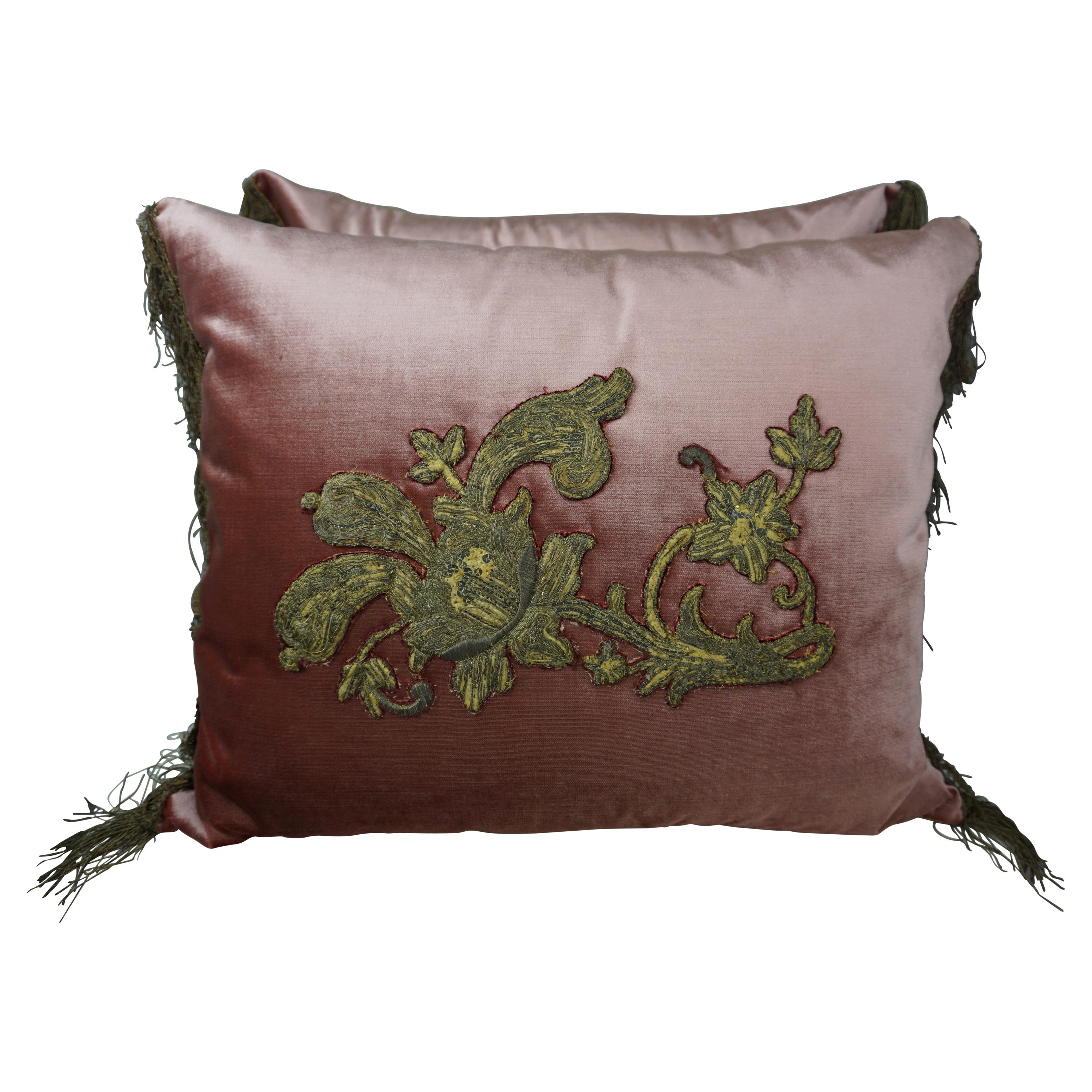 Pair of Pink Velvet Pillows with 18th Century Metallic Appliques
