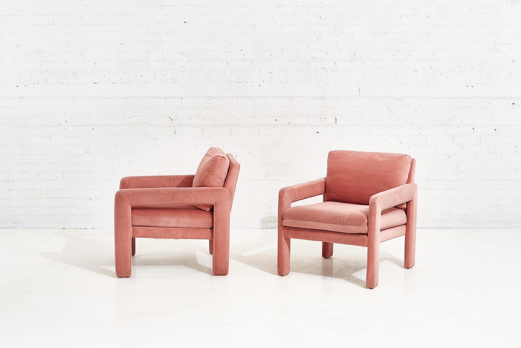 Pair of Pink Velvet Post Modern Parsons Lounge Chairs 1