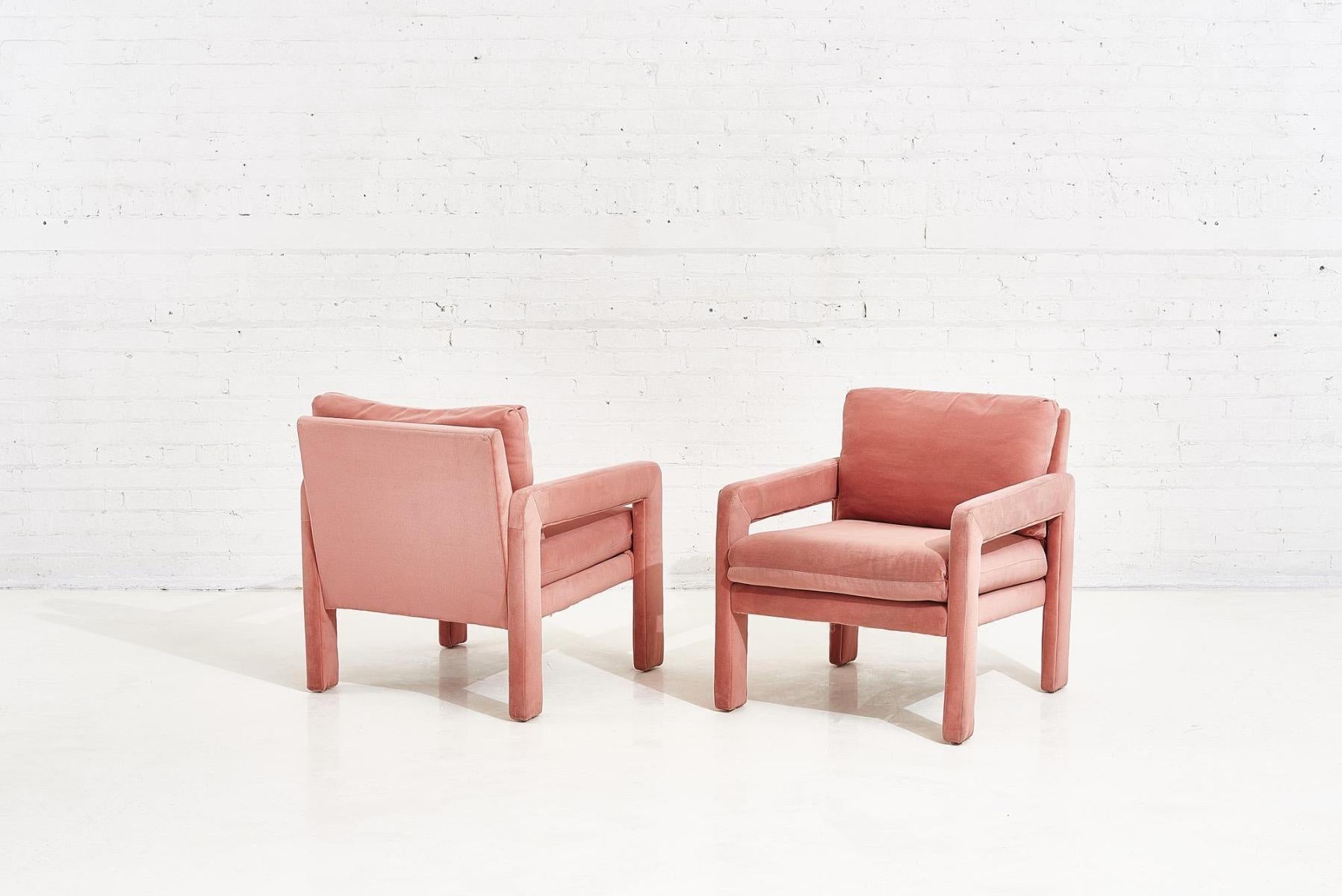 Pair of Pink Velvet Post Modern Parsons Lounge Chairs 2