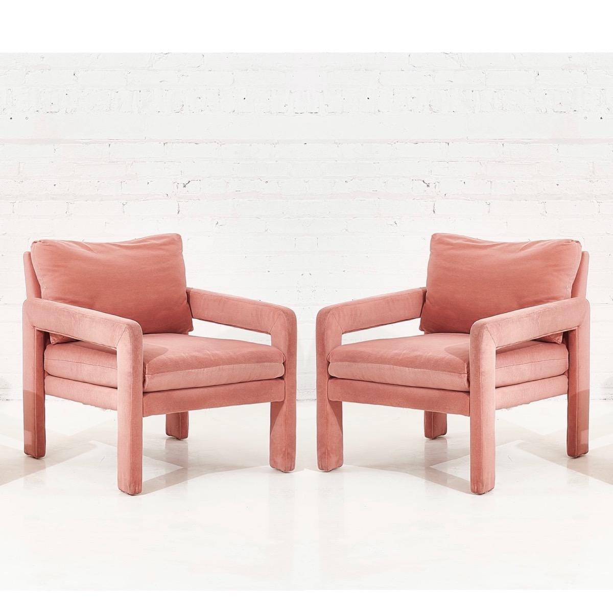 Pair of Pink Velvet Post Modern Parsons Lounge Chairs 5