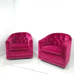 Pair of Pink Velvet Tufted Plinth Base Swivel Chairs