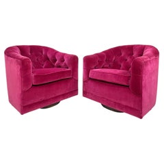 Pair of Pink Velvet Tufted Plinth Base Swivel Chairs