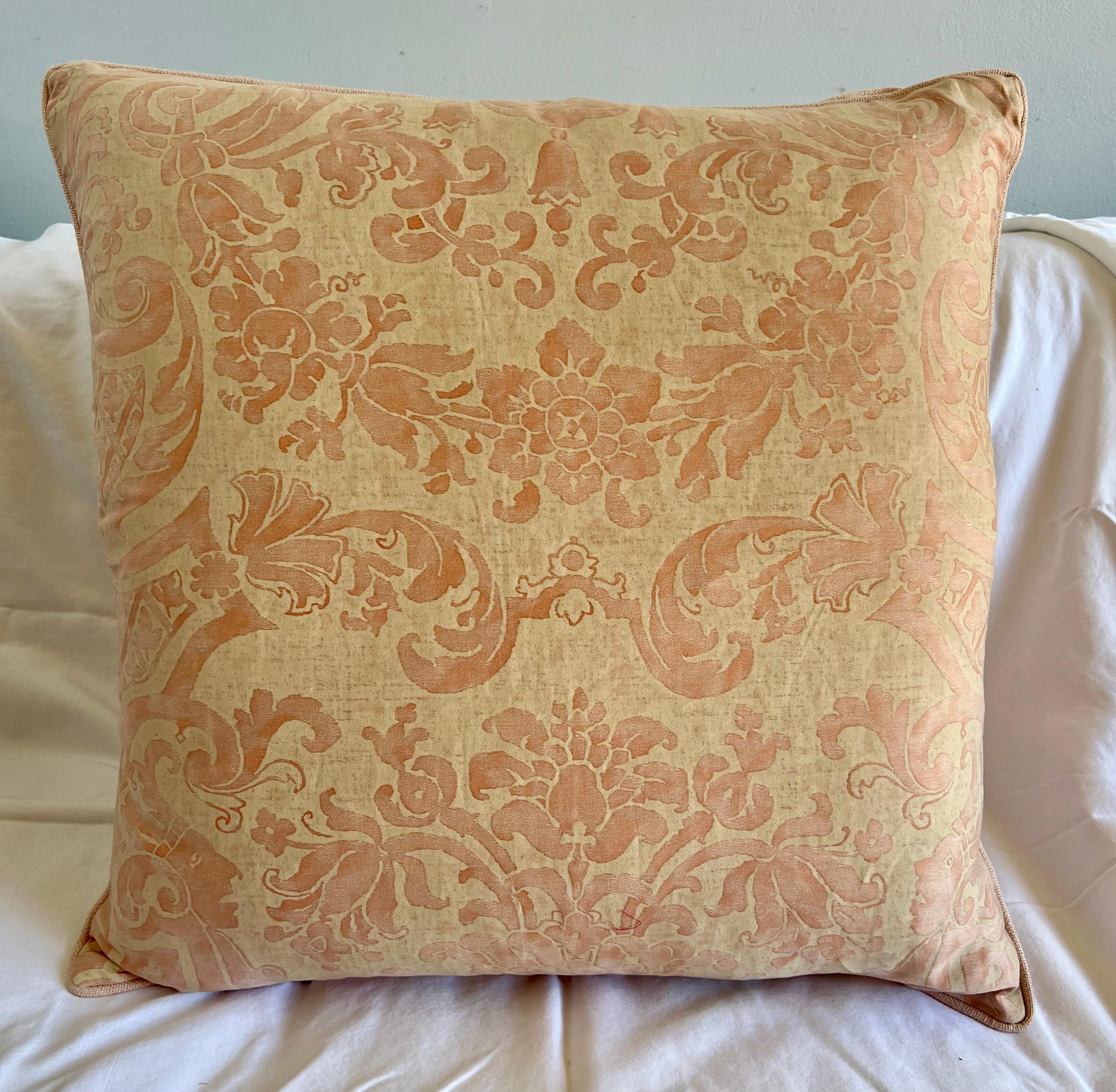 Pair of custom pillows made with vintage printed Fortuny textile fronts and cream velvet backs with self cording. Down inserts, sewn closed.