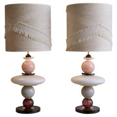 Pair of Pink, White and Black Murano Glass Table Lamps