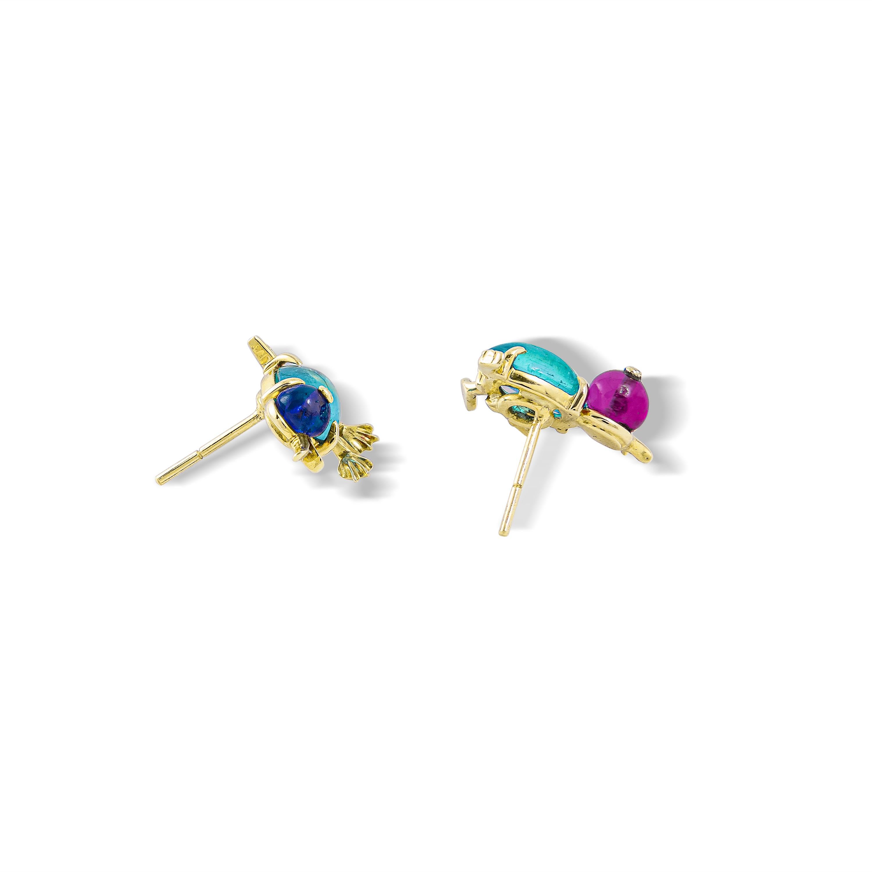 Retro Pair of Pins Clips Ear Studs Baby Ducks Emerald Sapphire Ruby
