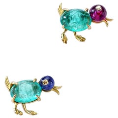 Pair of Pins Clips Ear Studs Baby Ducks Emerald Sapphire Ruby