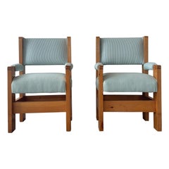 Pair of pinstriped chunky pine captain chairs