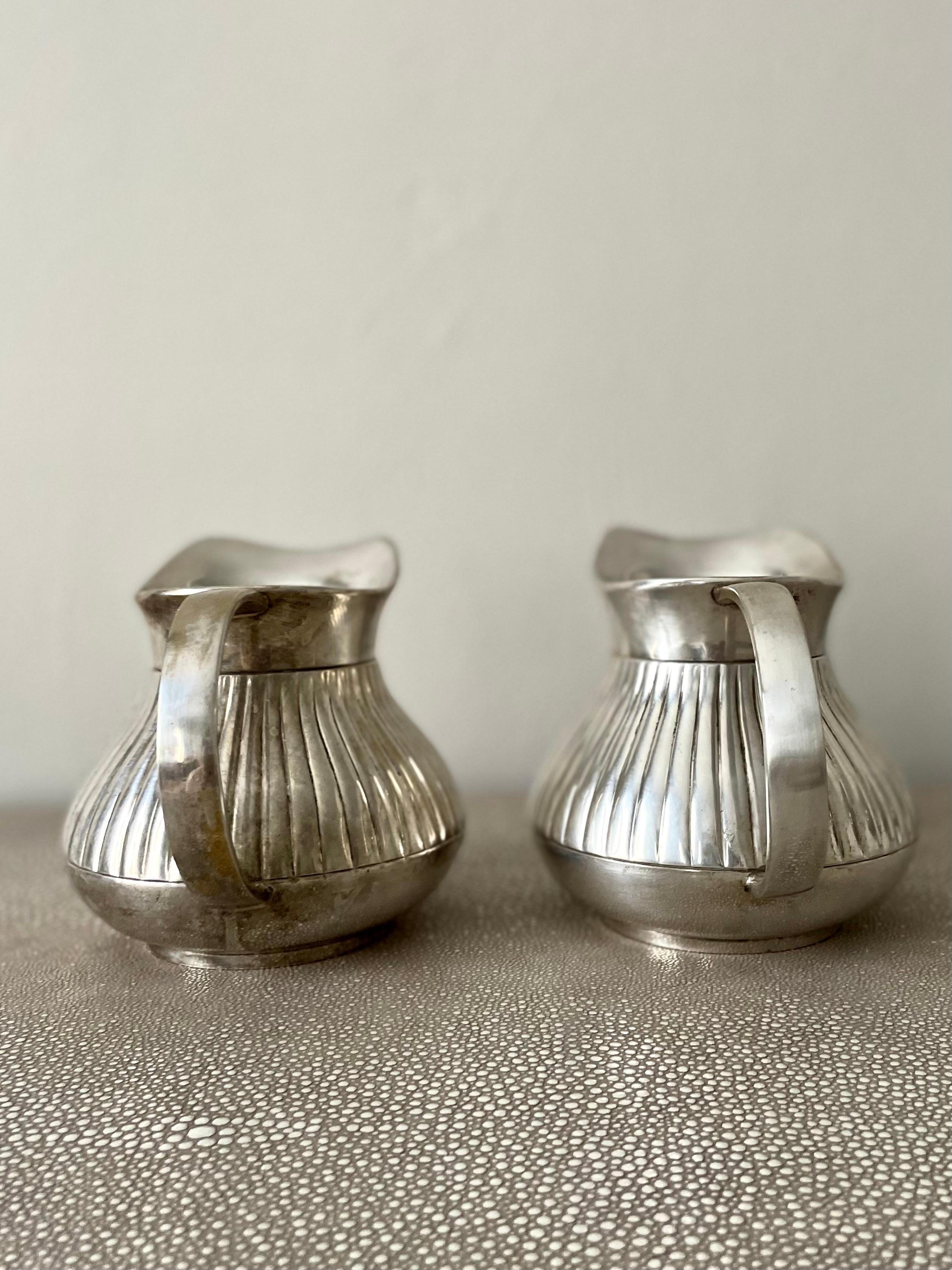 Pair of Pinstriped Silver Pitchers For Sale 4