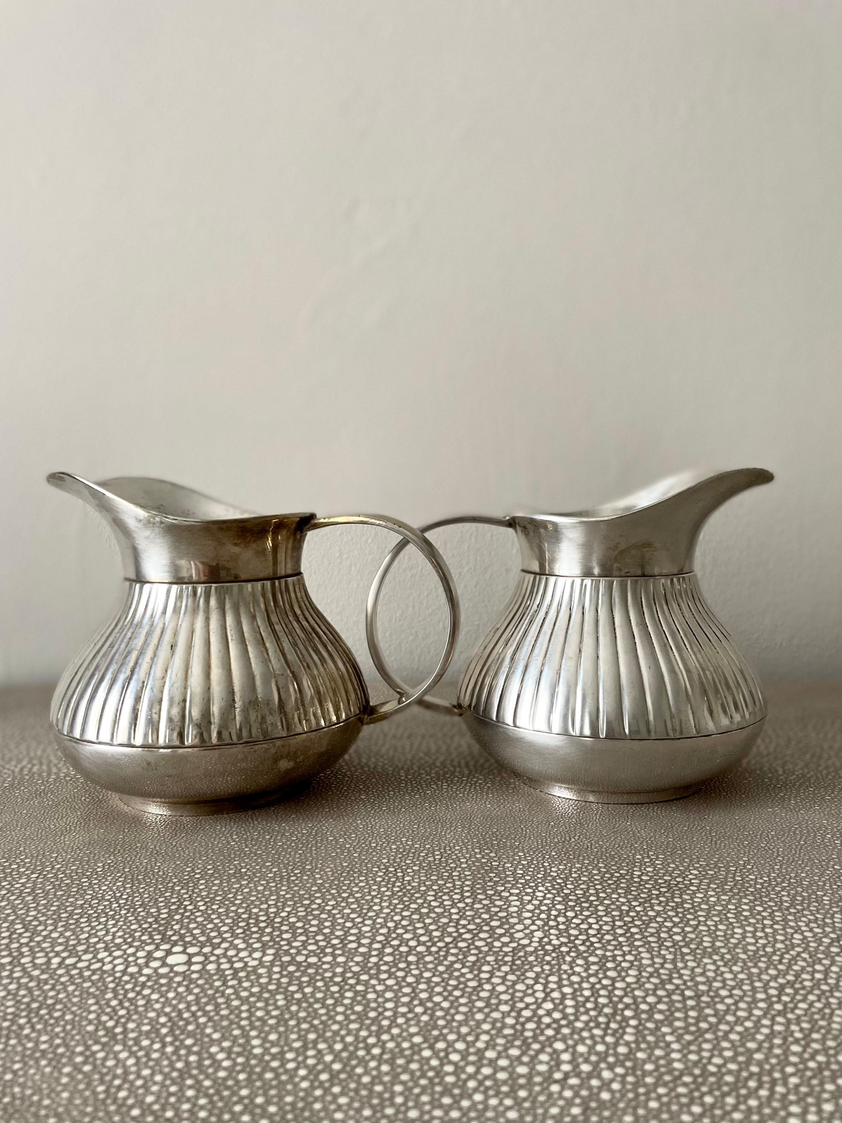 Pair of Pinstriped Silver Pitchers For Sale 6