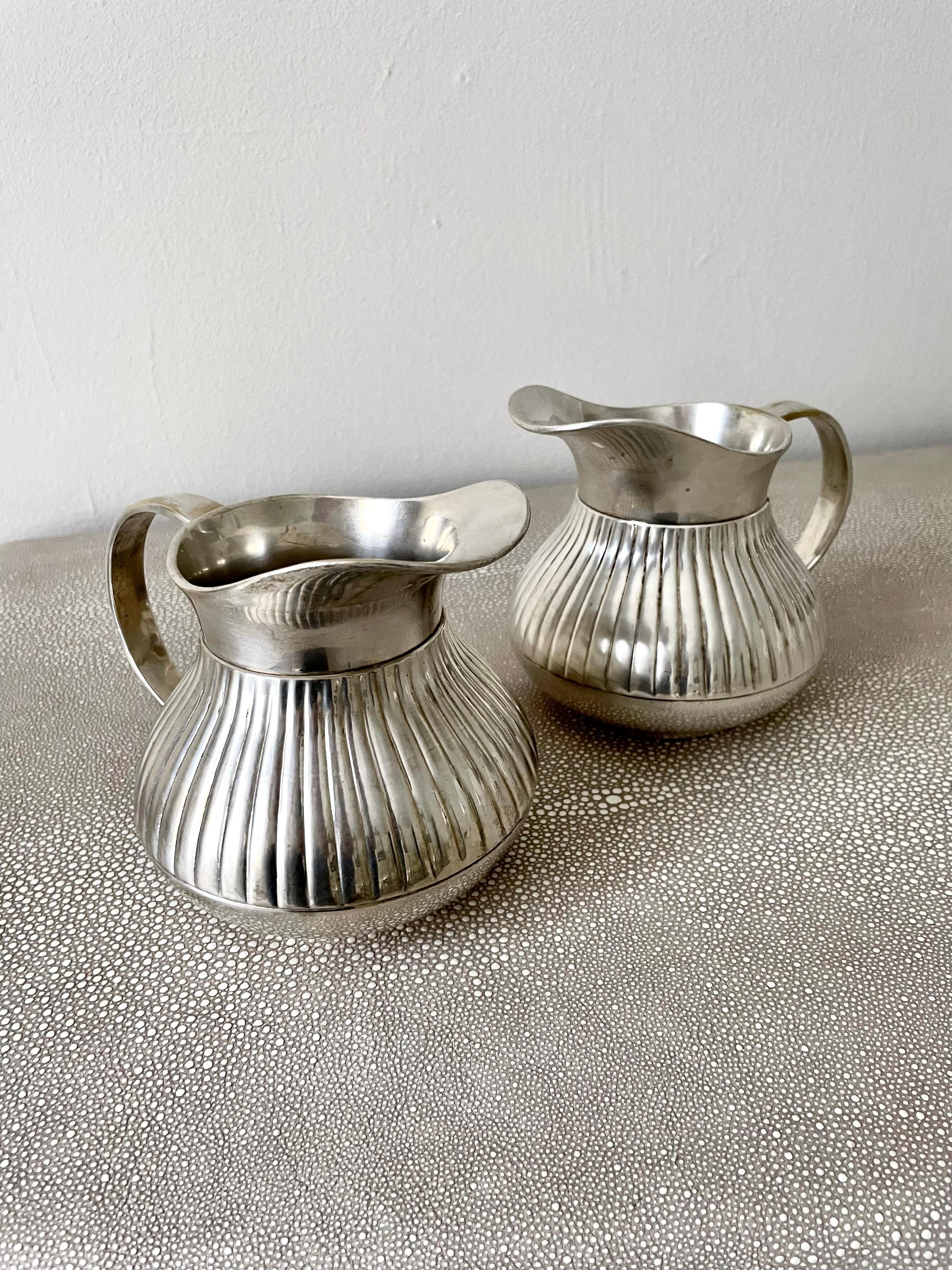 Pair of Pinstriped Silver Pitchers For Sale 8