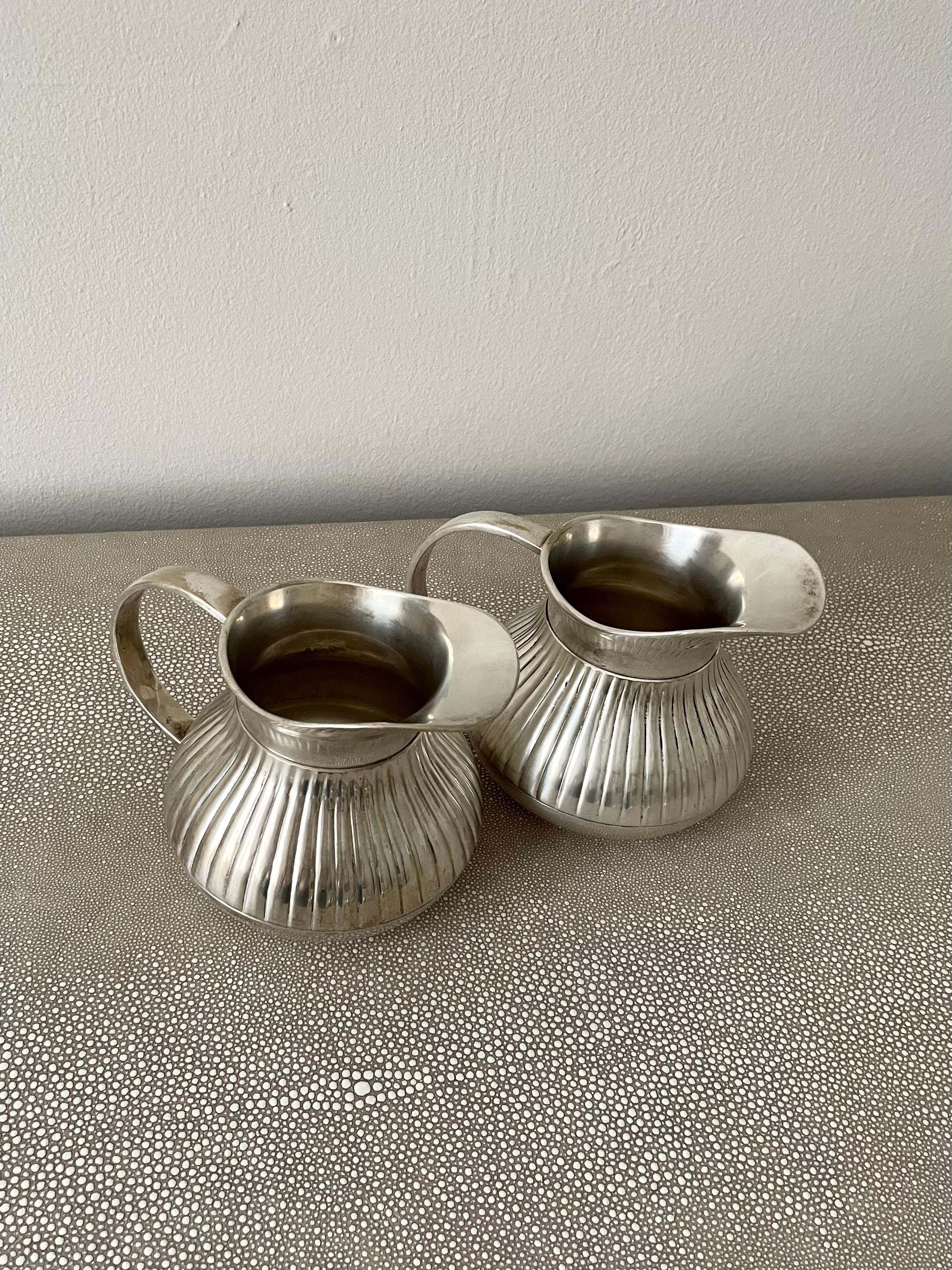 Pair of Pinstriped Silver Pitchers For Sale 2