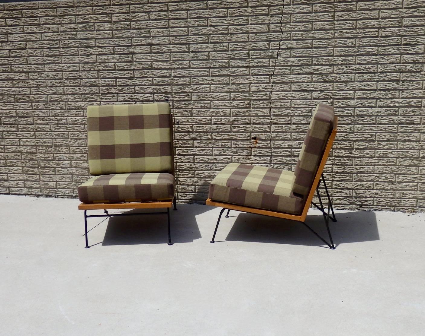 American Pair of Pipsan Saarinen Swanson Wood Frame Wrought Iron Leg Lounge Chairs