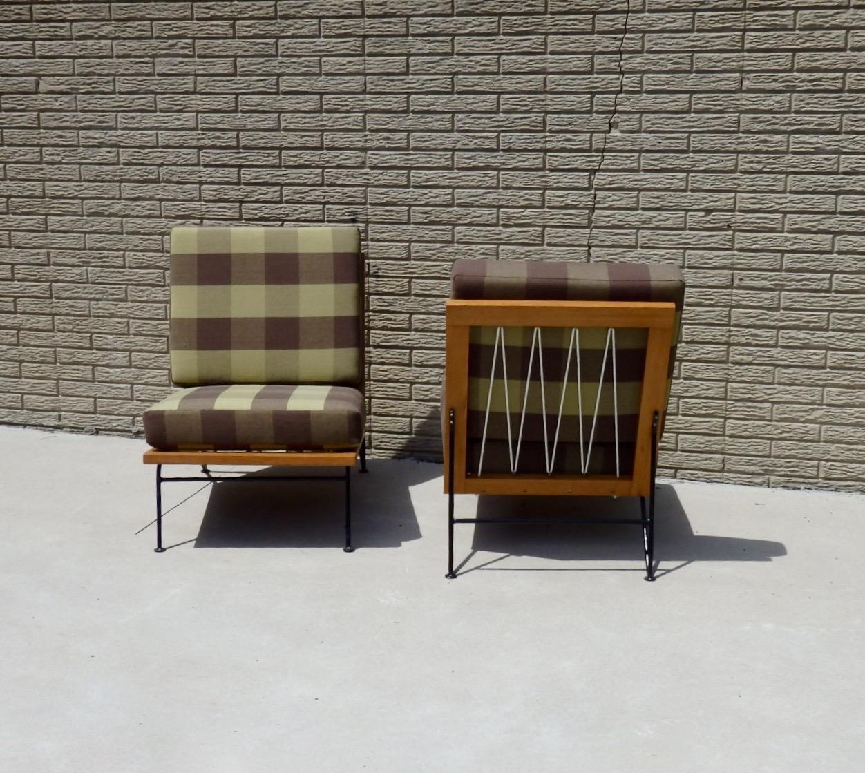 Lacquered Pair of Pipsan Saarinen Swanson Wood Frame Wrought Iron Leg Lounge Chairs