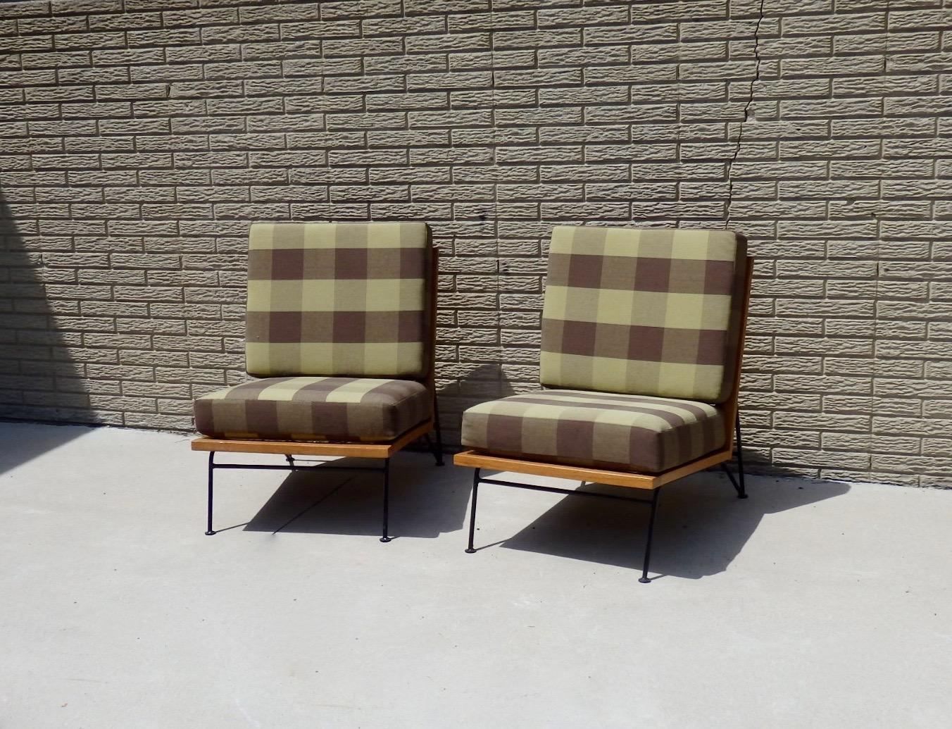 Pair of Pipsan Saarinen Swanson Wood Frame Wrought Iron Leg Lounge Chairs In Excellent Condition In Ferndale, MI