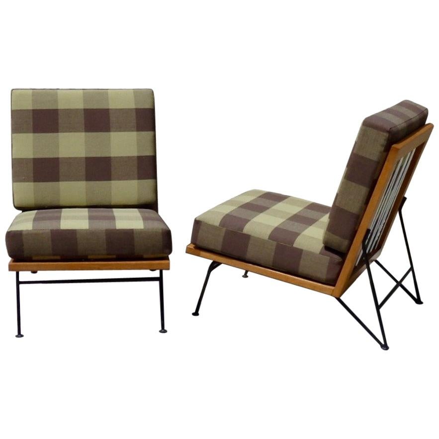 Pair of Pipsan Saarinen Swanson Wood Frame Wrought Iron Leg Lounge Chairs