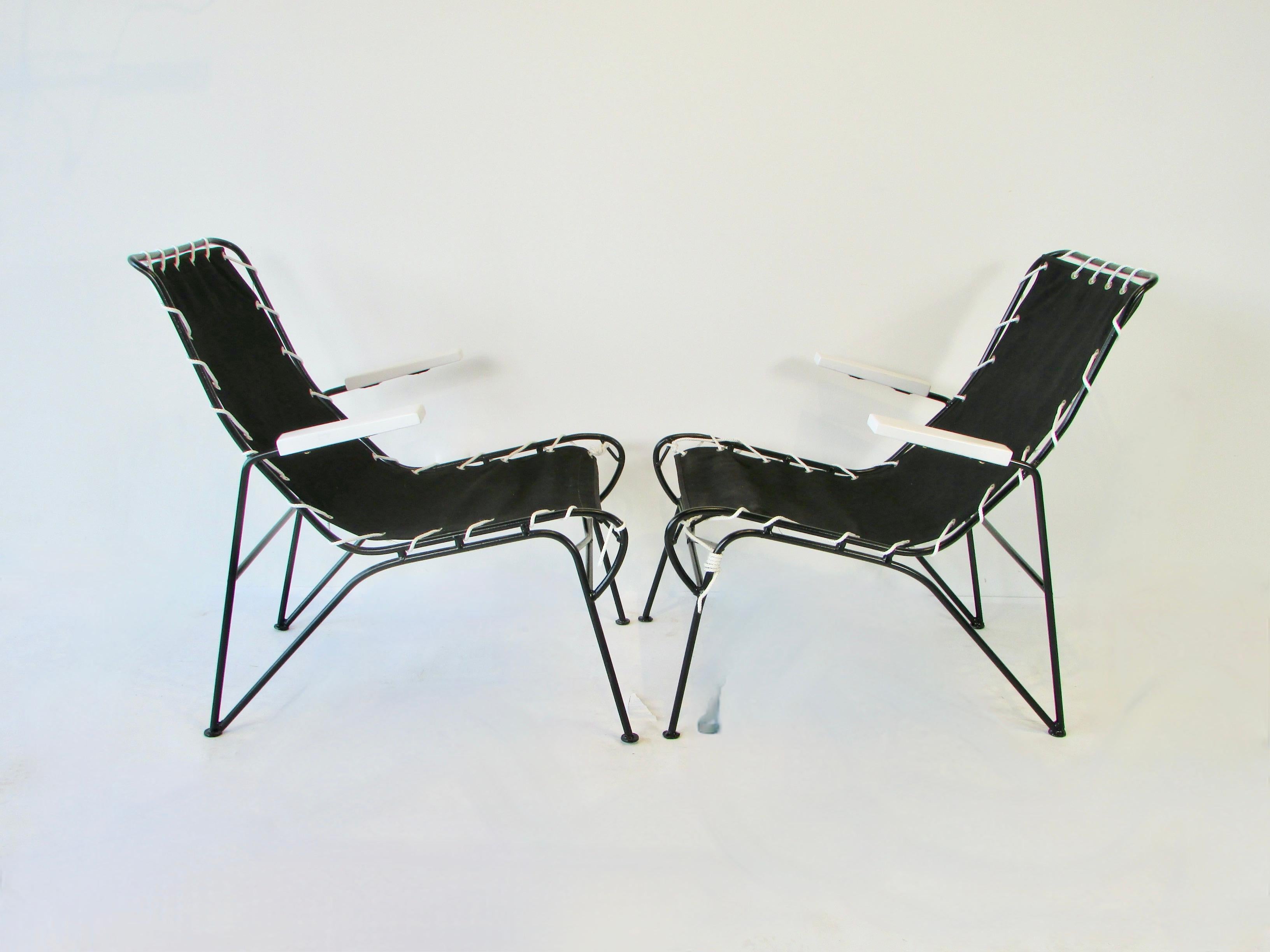 Powder-Coated Pair of Pipsin Saarinen Swanson Wrought Iron Frame Chairs with Canvas Sling Seat For Sale