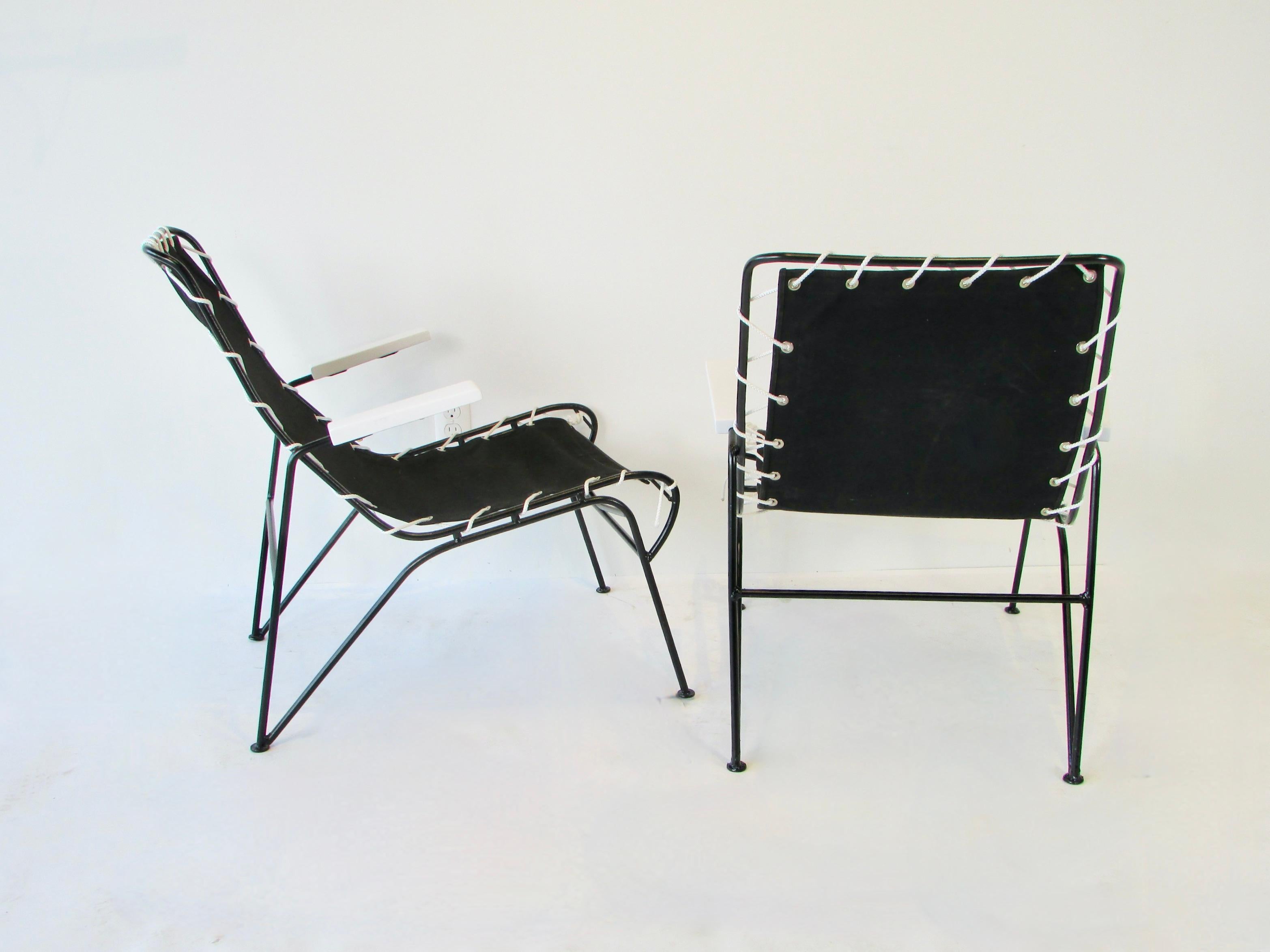 Pair of Pipsin Saarinen Swanson Wrought Iron Frame Chairs with Canvas Sling Seat In Good Condition For Sale In Ferndale, MI