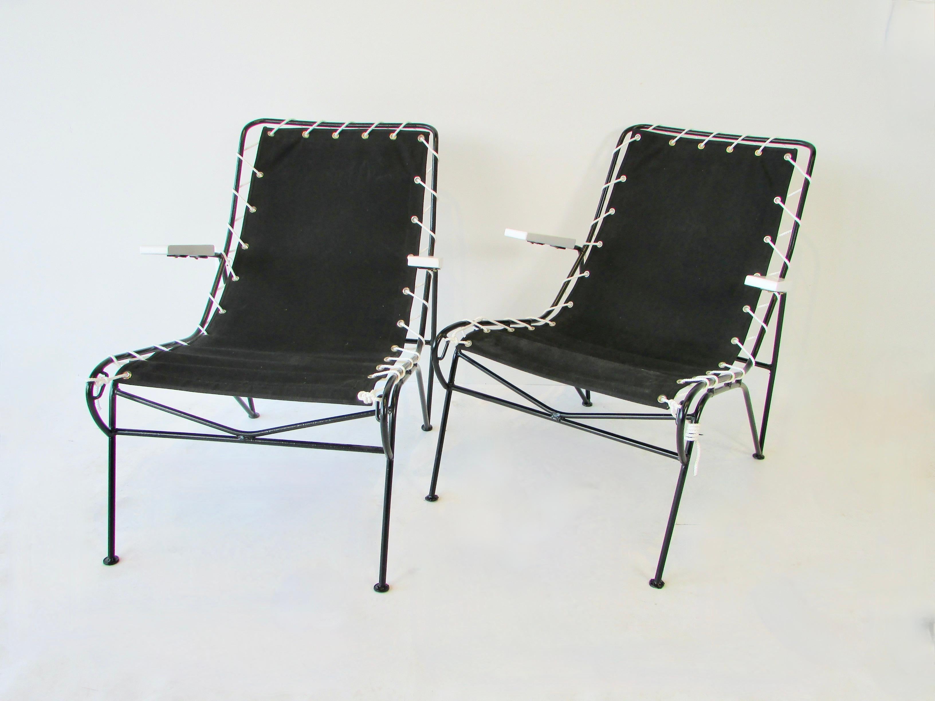 Pair of Pipsin Saarinen Swanson Wrought Iron Frame Chairs with Canvas Sling Seat For Sale 1