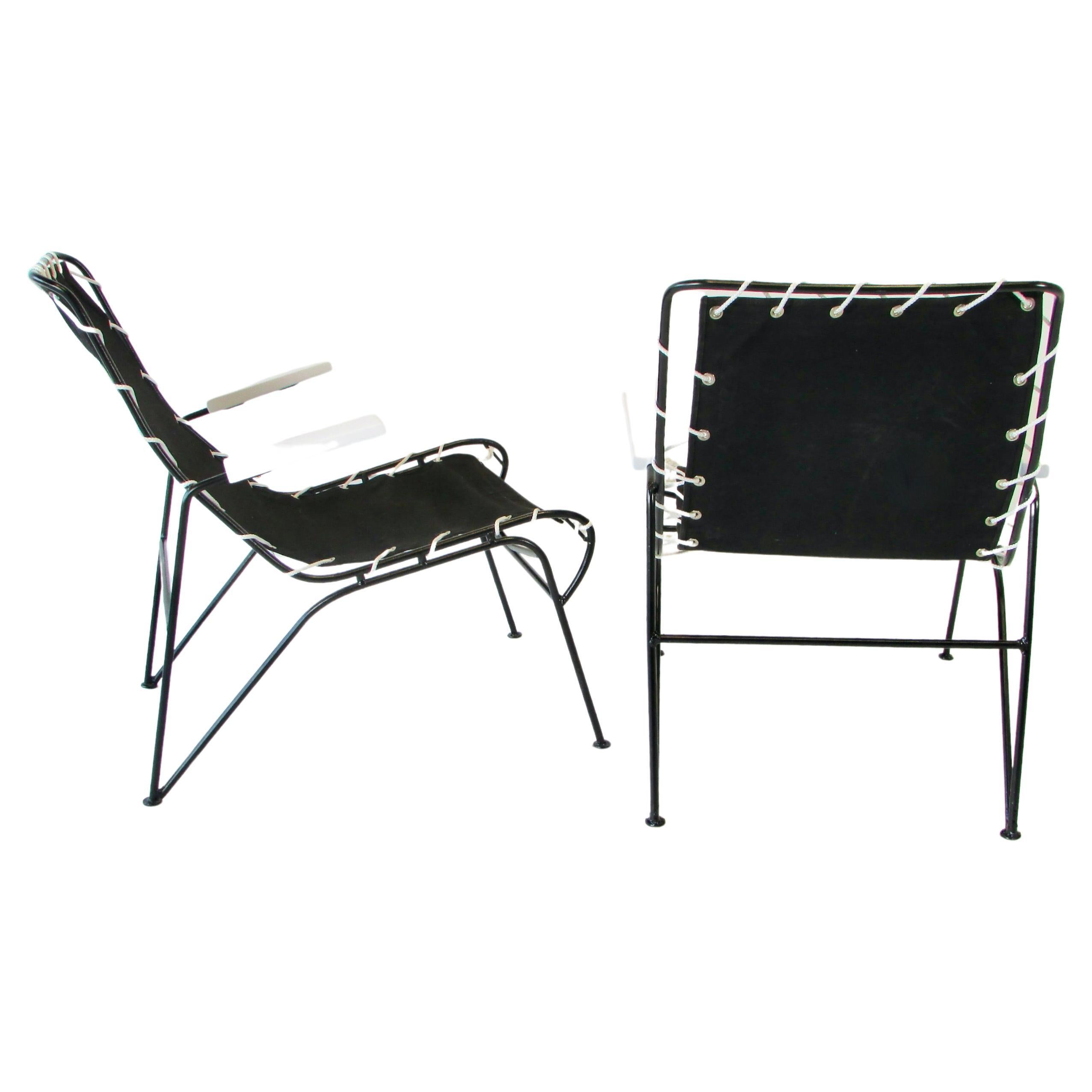 Paar Pipsin Saarinen Swanson Schmiedeeisen-Rahmenstühle mit Segeltuch-Sling-Sitz