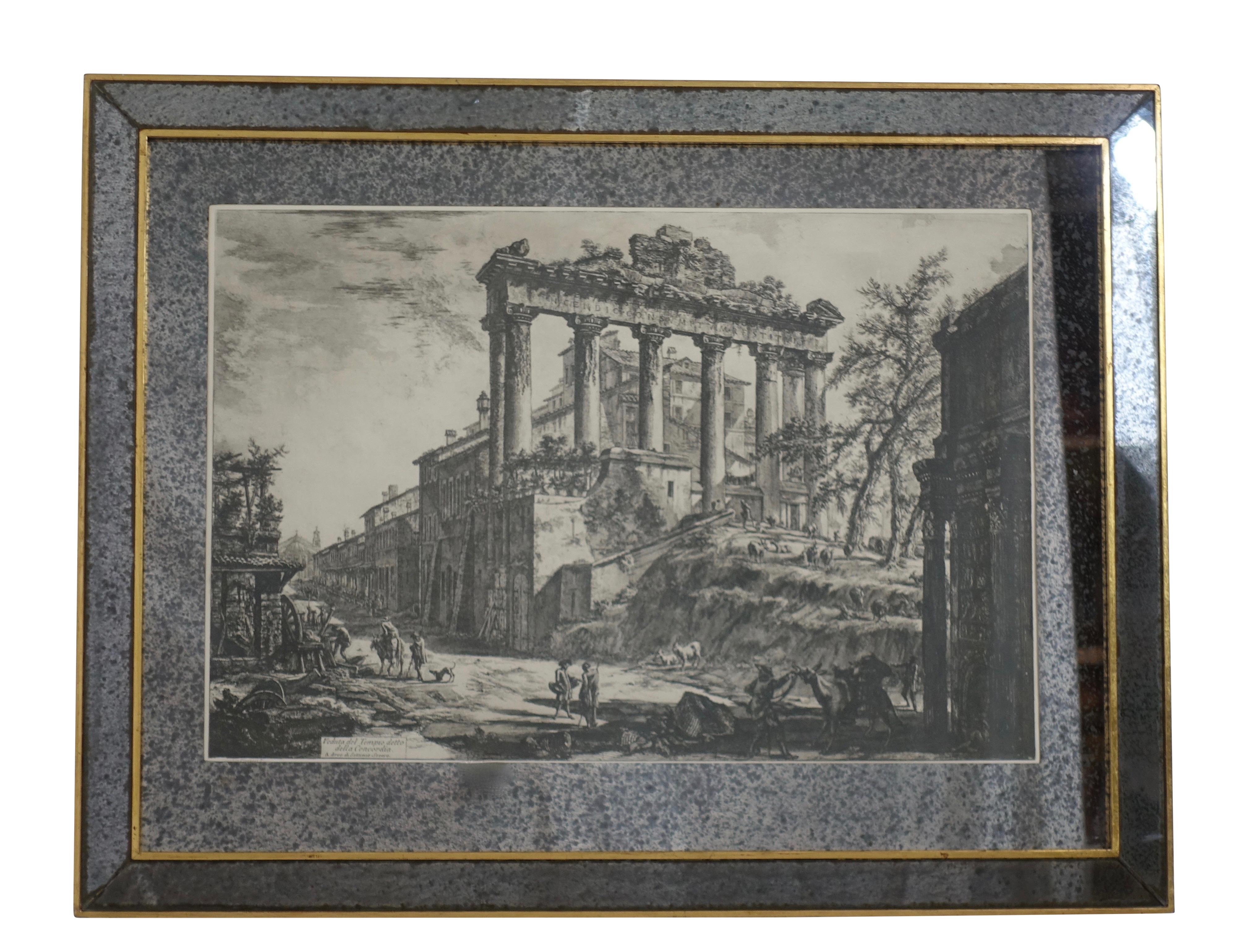 Glass Pair of Italian Piranesi Prints in Mirrored Frames  For Sale