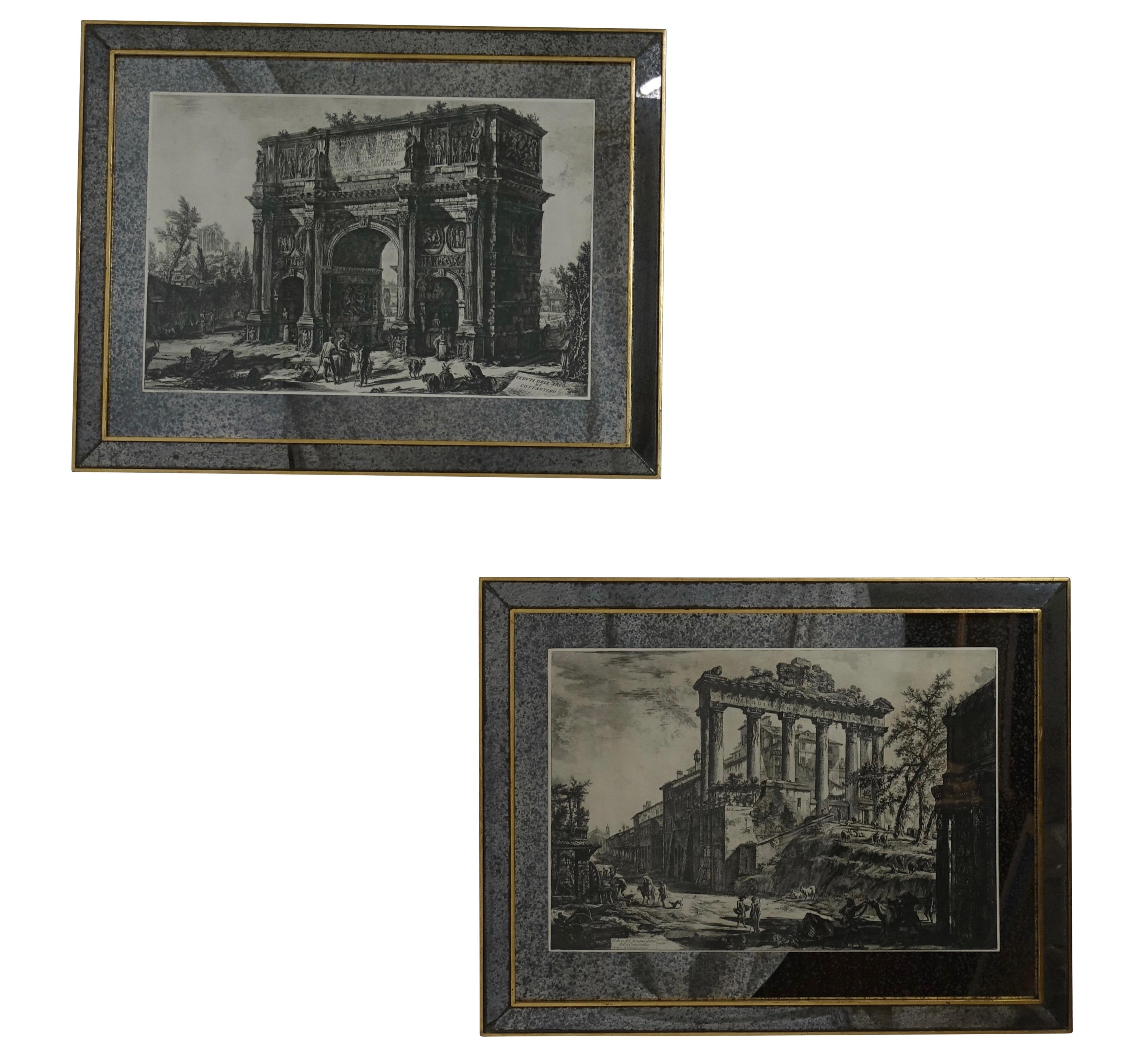 Pair of Italian Piranesi Prints in Mirrored Frames 