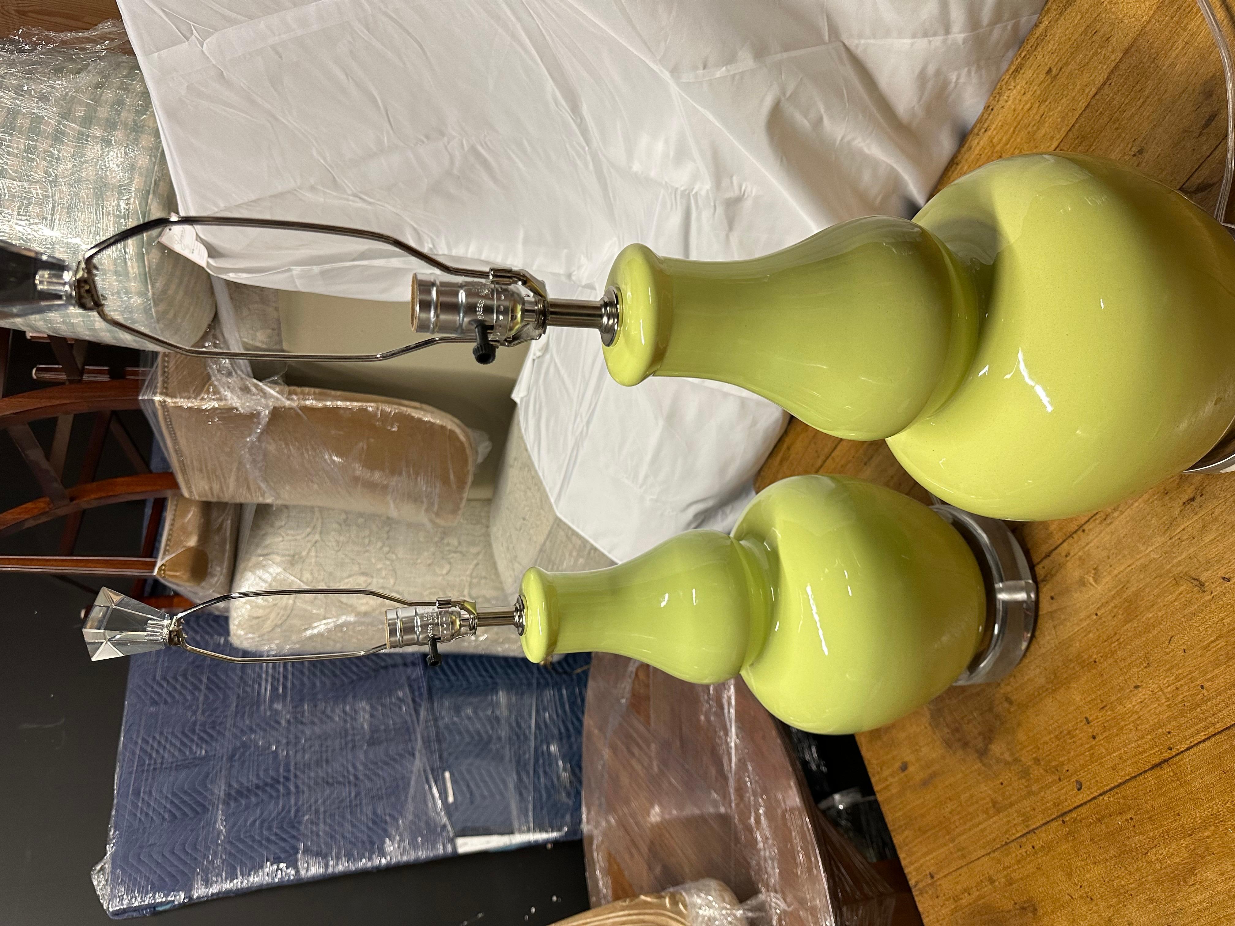 American Pair of Pistachio Green Ceramic Lamps For Sale