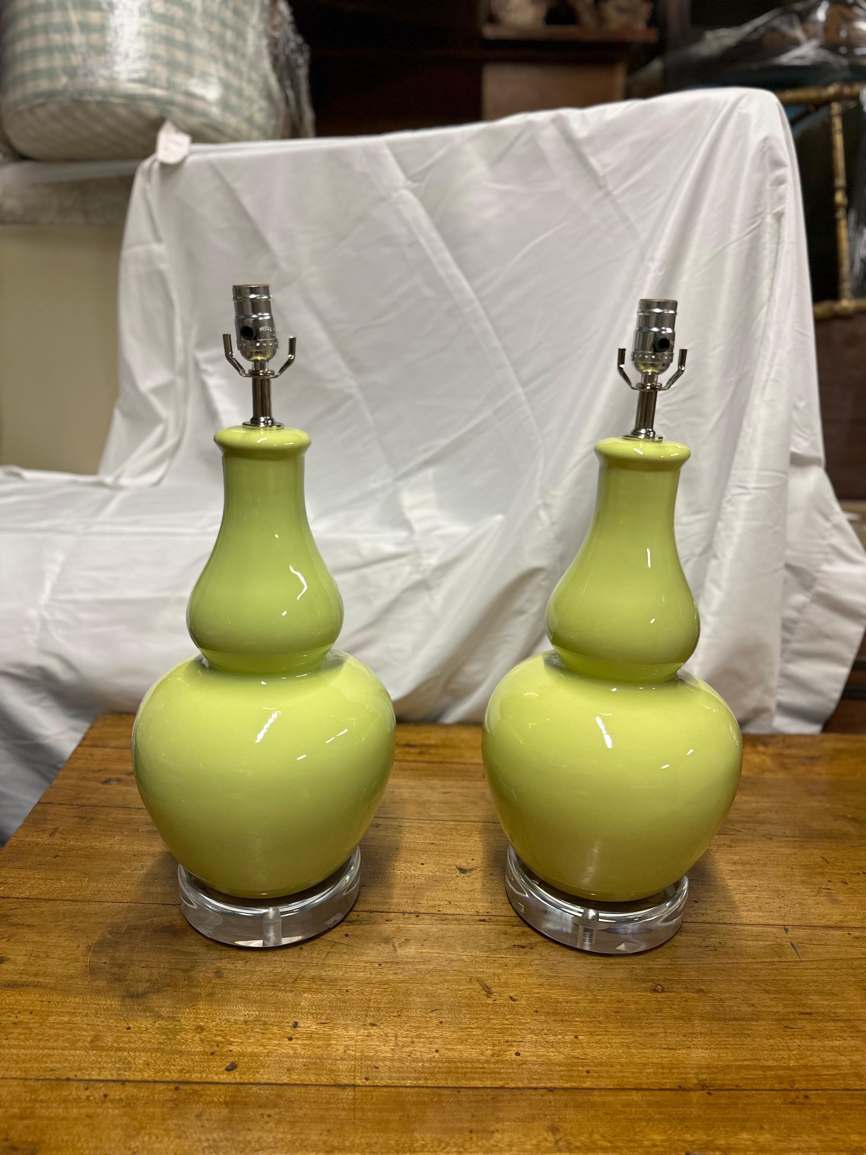 Pair of Pistachio Green Ceramic Lamps For Sale 2