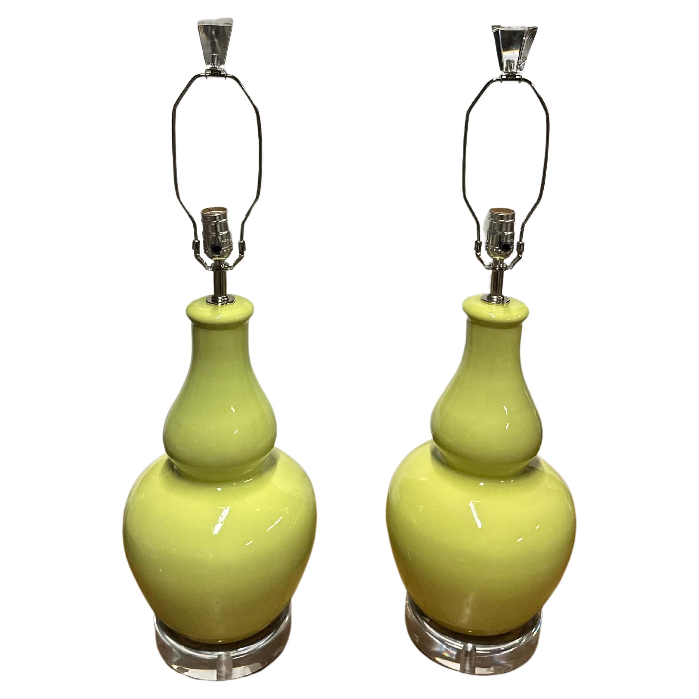 Pair of Pistachio Green Ceramic Lamps For Sale