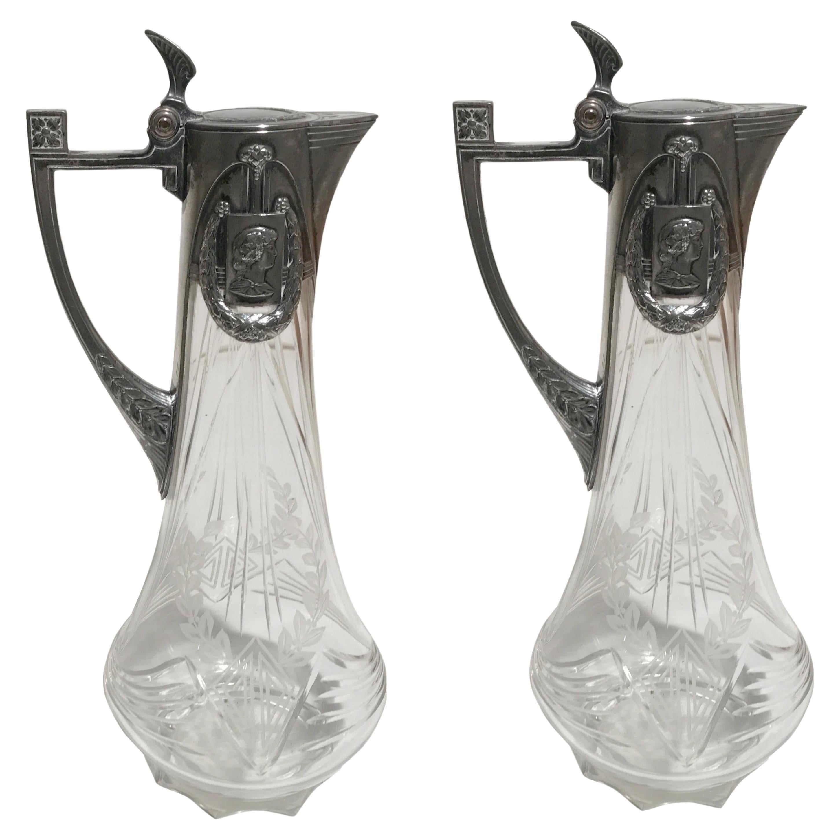 Pair of Pitchers Sign: WMF, German, 1909 in Silver Plated , Style: Jugendstil