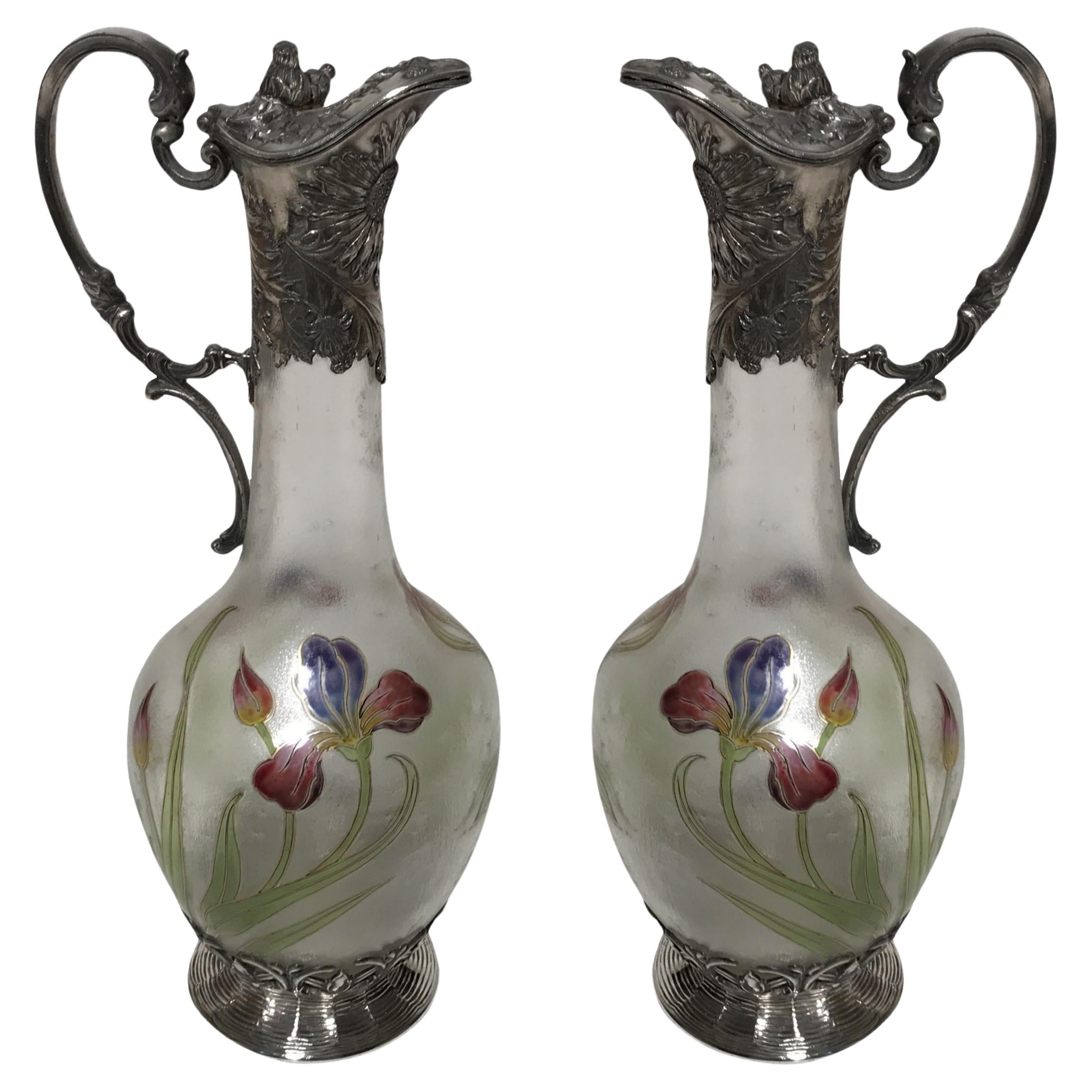 Pareja de Jarras WMF, alemanas, 1909 en plateado y esmaltado, Art Nouveau