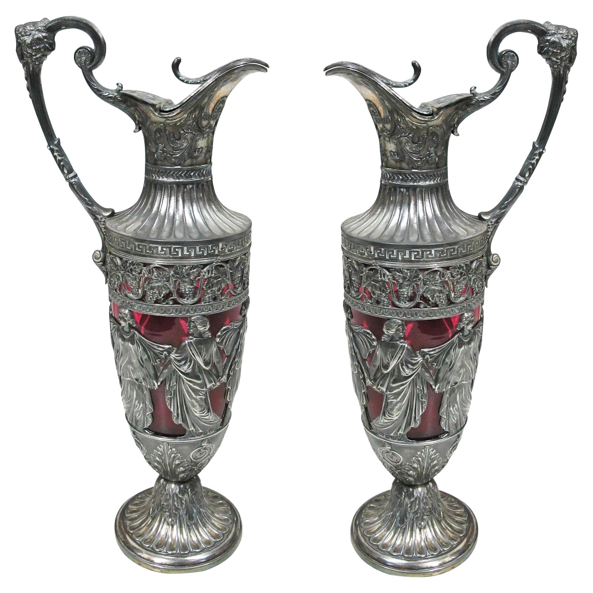 Pair of Pitchers WMF, German, 1909 in Silver Plated and Red Glass, Art Nouveau