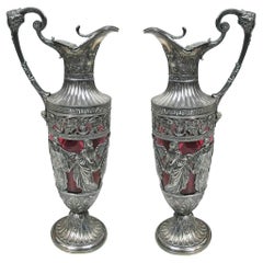 Pair of Pitchers WMF, German, 1909 in Silver Plated and Red Crystal, Art Nouveau