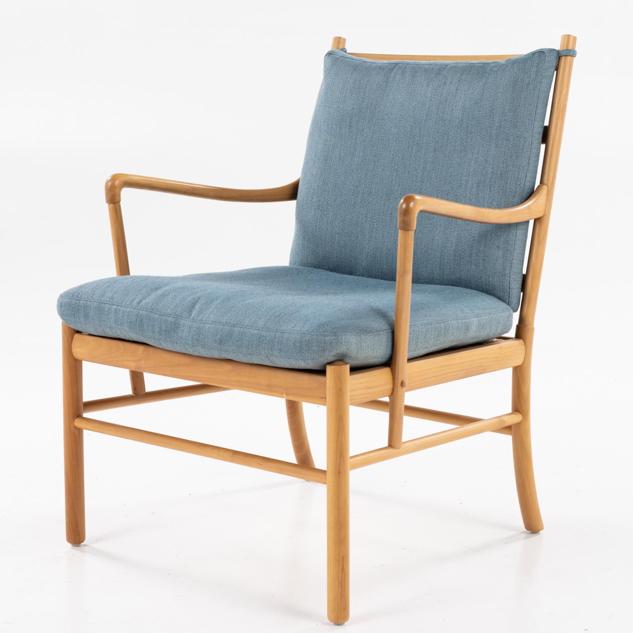 Pair of PJ 149 - 'Colonial Chairs' in cherry wood, seat bottom in cane and original cushions in blue wool. Marked from manufacturer. Ole Wanscher / P. J Furniture