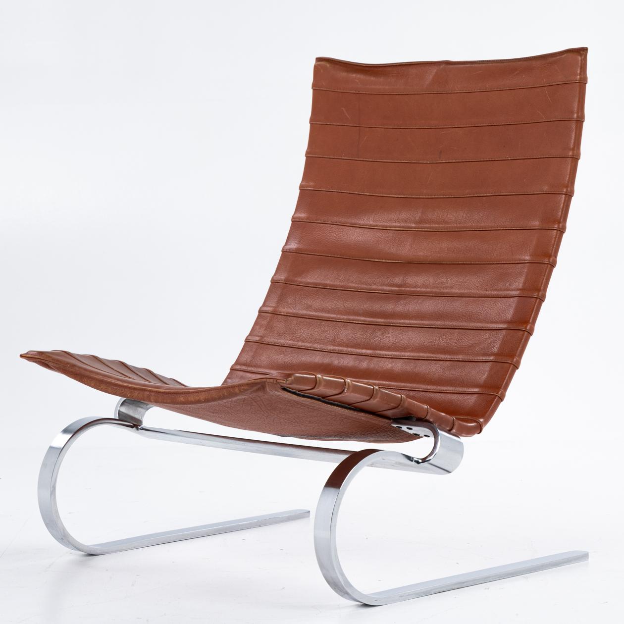 Pair of PK 20 easy chairs with patinated cognac leather. Poul Kjærhlm / E. Kold Christensen