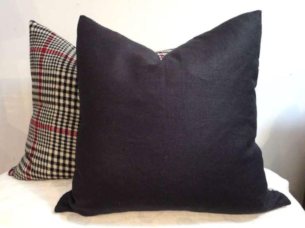 Amazing black and white wool plaid hounds tooth pillows. This wonderful plaid pattern has black cotton linen backing. The inserts are down and feather fill with zipper closures. Sold as a pair only.