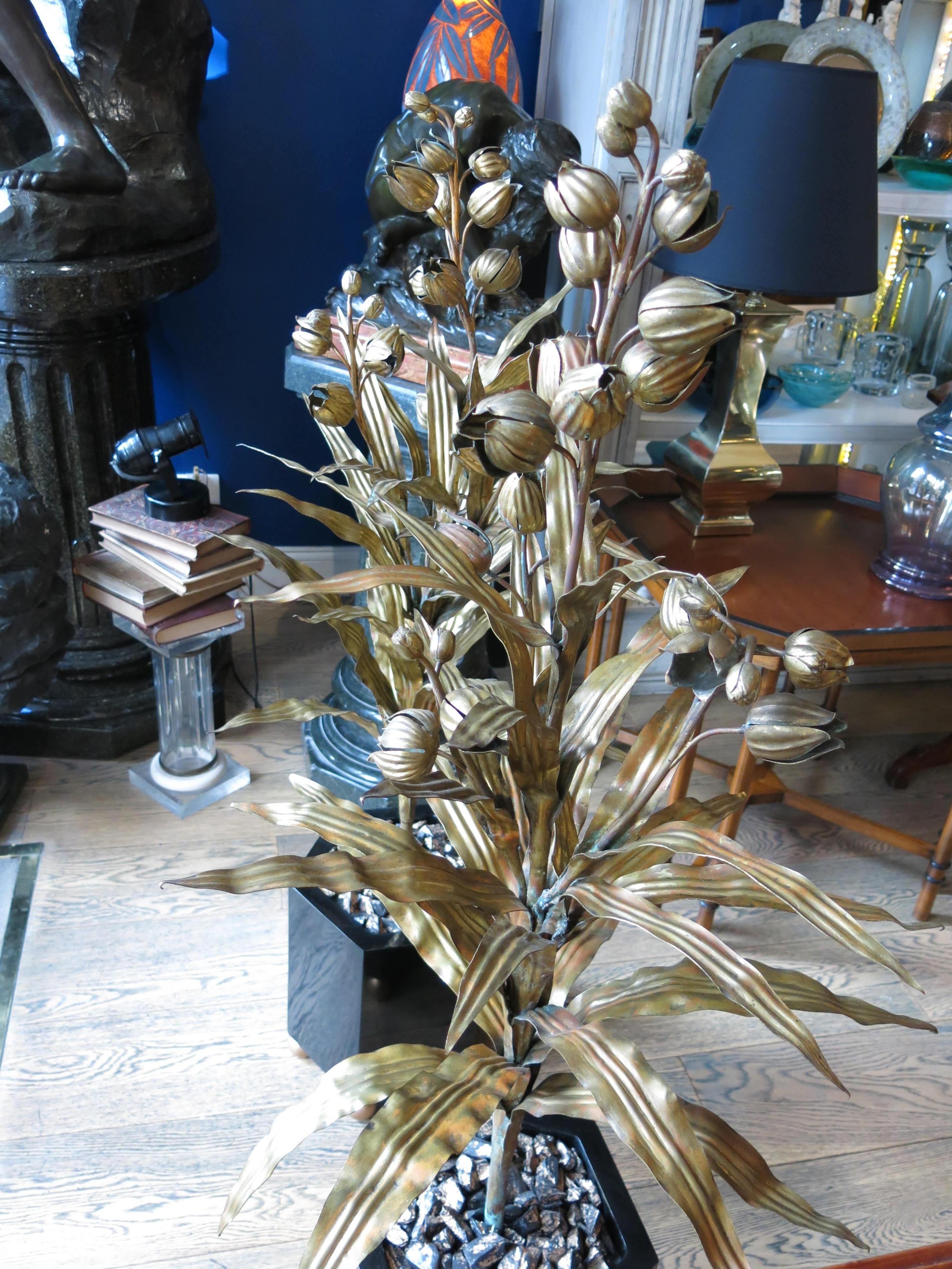Wir präsentieren ein atemberaubendes Pflanzenpaar von Maison Jansen, das den Glamour und die Raffinesse der Hollywood Regency-Ära verkörpert. Mit ihren lackierten sechseckigen schwarzen Sockeln, die eine schöne Alterspatina aufweisen, strahlen diese