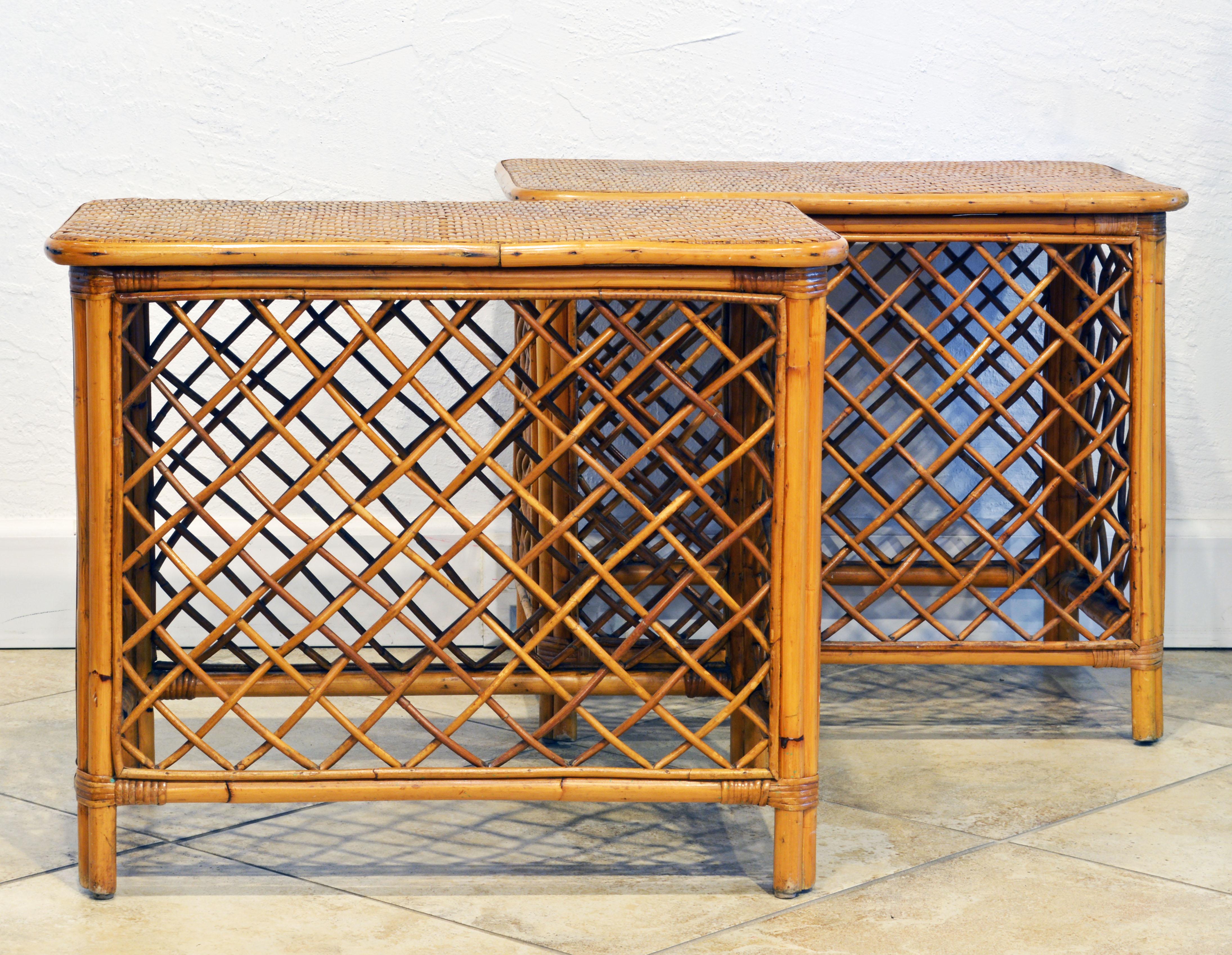This pair of Dominican Republic rattan side tables in the plantation style also have owners metal plagues showing that they once belonged to a fruit plantation. Both chairs also have maker's labels, please see photos.