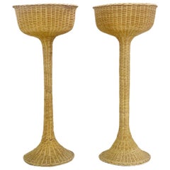 Vintage Pair of Planter Stand on Woven Wicker