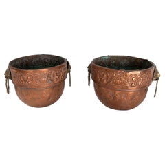 Vintage Pair of Planters in Iron, Embossed Metal and Bronze with Faces on Sides