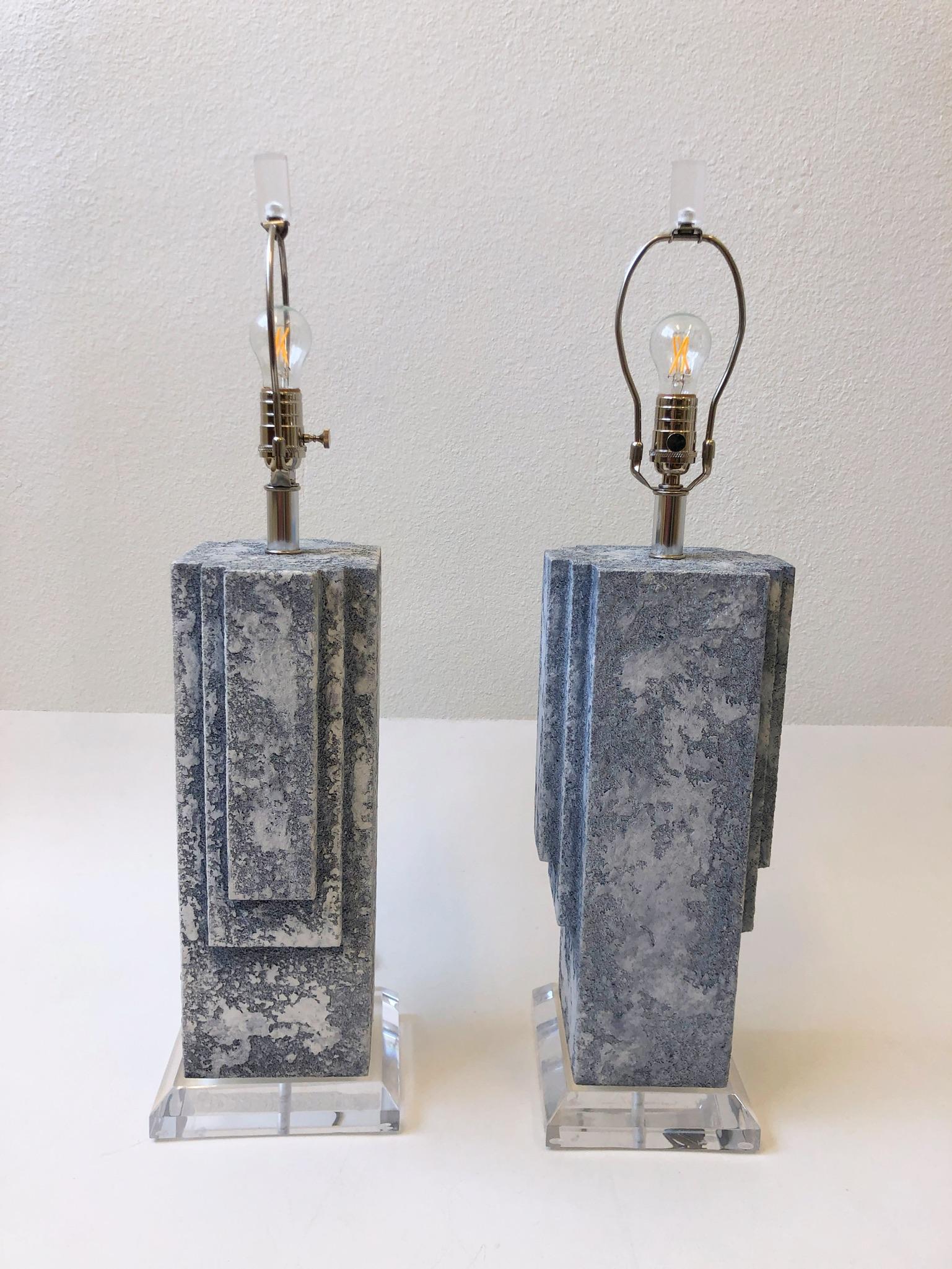 Polished Pair of Plaster and Chrome Table Lamps For Sale
